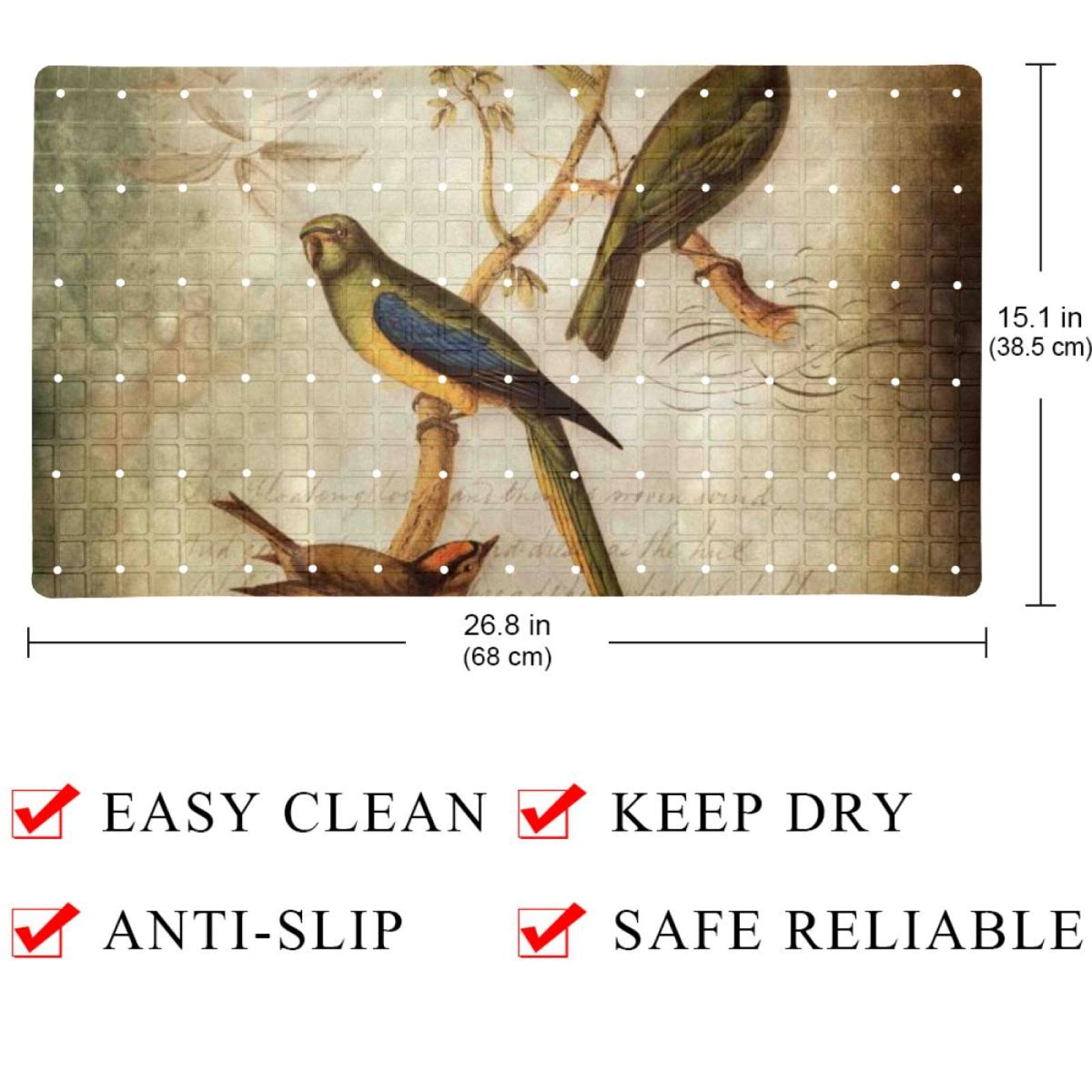Rutschfeste Badematten für Badezimmer, Motiv: Vögel auf den Ästen, Vintage-Stil, Retro-Muster, rechteckig, maschinenwaschbar, 39 x 70 cm