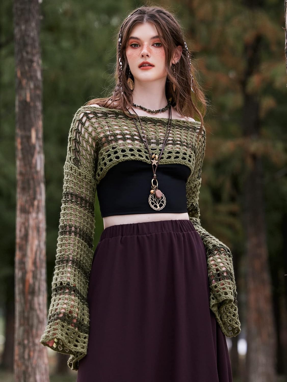 WDIRARA Women's Crochet Crop Tops Shrugs Y2K Hollow Out Sweater Knit Crochet Long Sleeve Crop Tops Army Green XL - Image 4