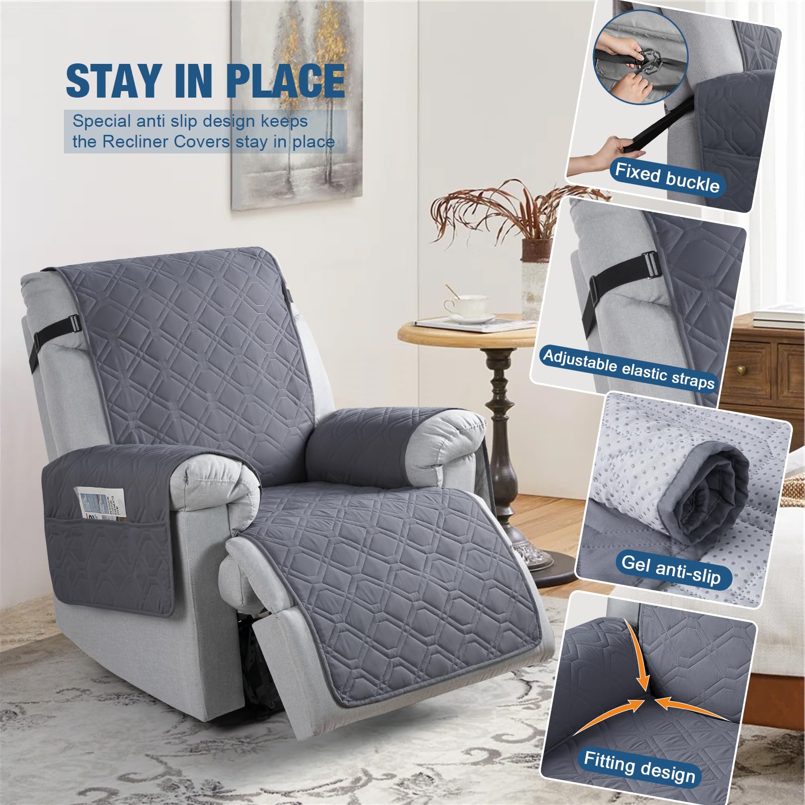 TAOCOCO Recliner Slipcovers,1 Seater Recliner Covers,Waterproof Recliner Sofa Protector,Armchair Covers with Pockets,Non Slip Reclining Sofa Covers,Arm Chair Covers for Dogs/Kids/Pets(28" - Image 4