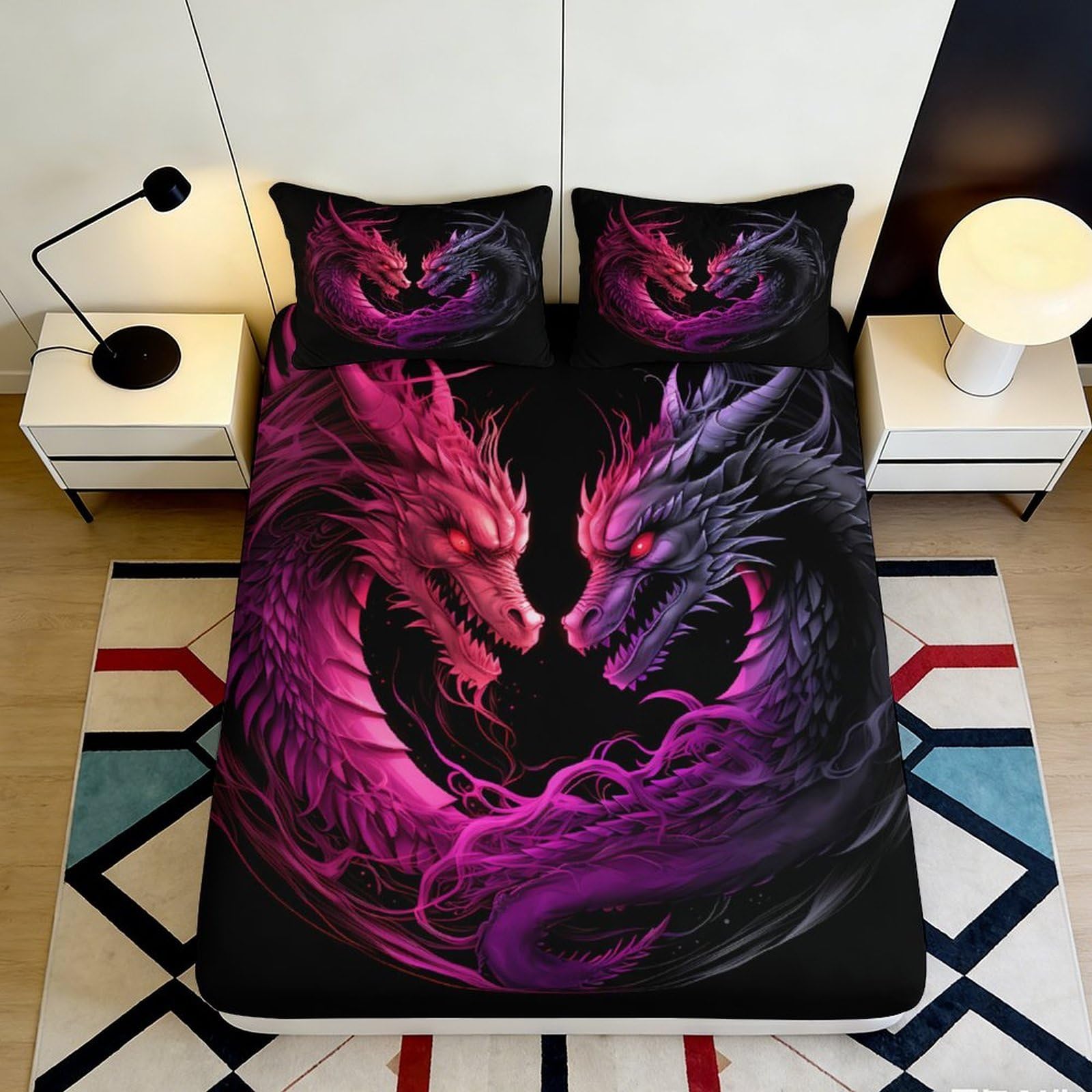 3D Printed Dragon Design Fitted Sheet Microfiber Fabric with Purple and Pink Dragons Bedding Mattress Cover for Bedroom Dormitory Guest Room Protection 160x200x25cm