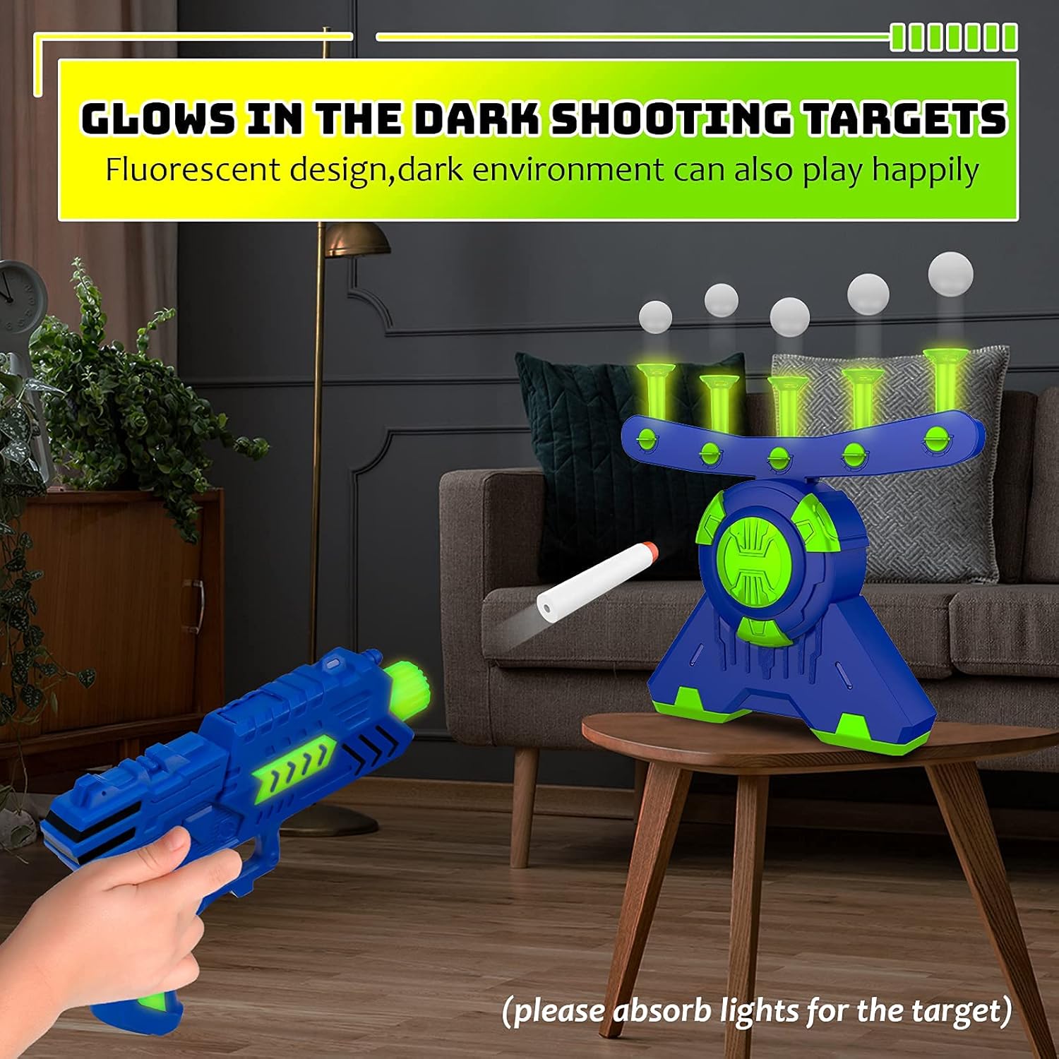 Shooting Games Toy for Age 4, 5, 6, 7, 8, 9+ Years Old Kids, Glow in The Dark Boys Toys Floating Ball Targets with Foam Dart Toy Blaster with10 Balls/ 5 Targets, Compatible with Nerf Toy Blaster Gift : Toys & Games