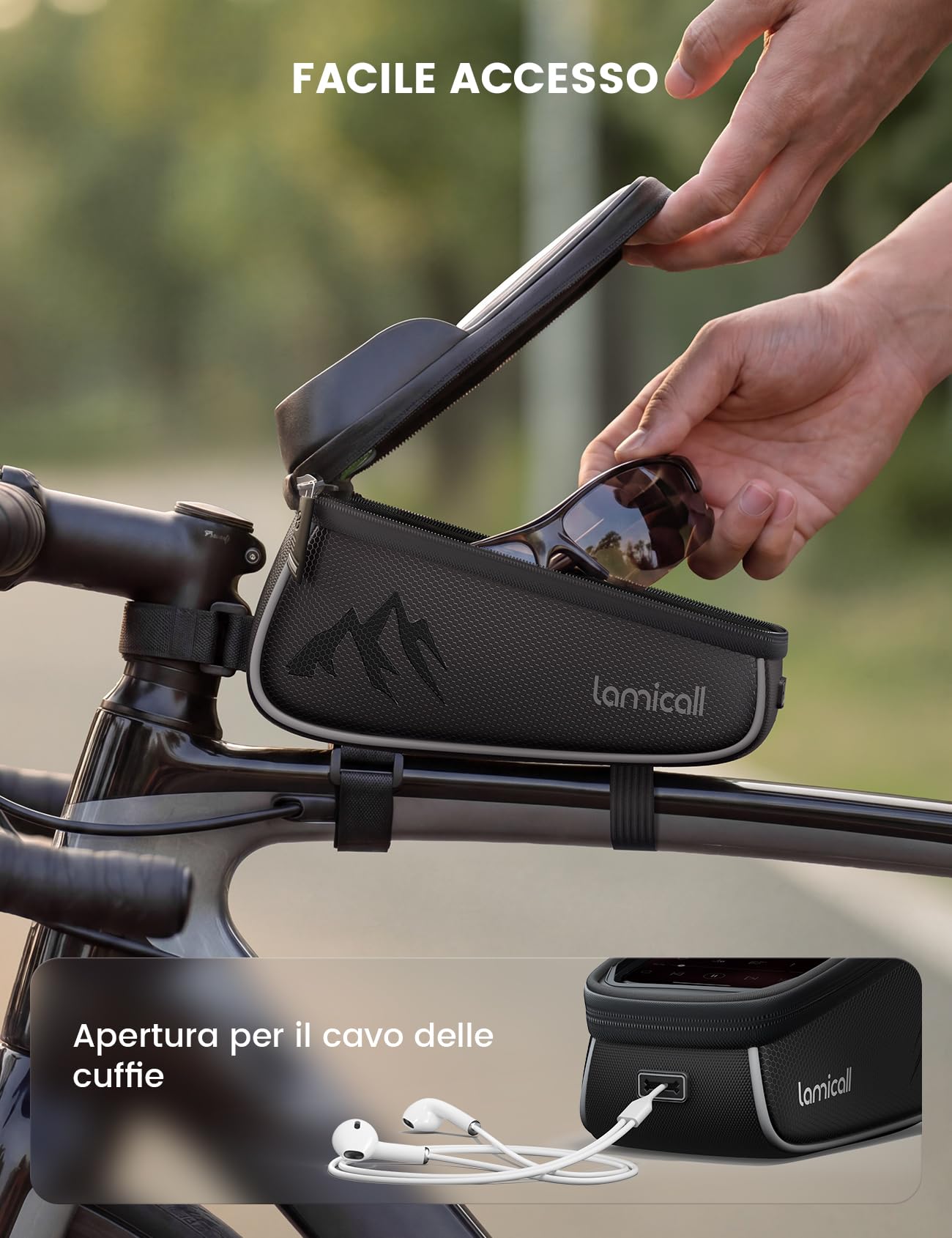 Lamicall Borsa Telaio Bici Impermeabile - [1,6 L Grande Capacità] Borsa Cellulare Manubrio Biciclette con Copertura Antipioggia, Porta cellulare Bici con Touch Screen in TPU per Smartphone Fino a 7"