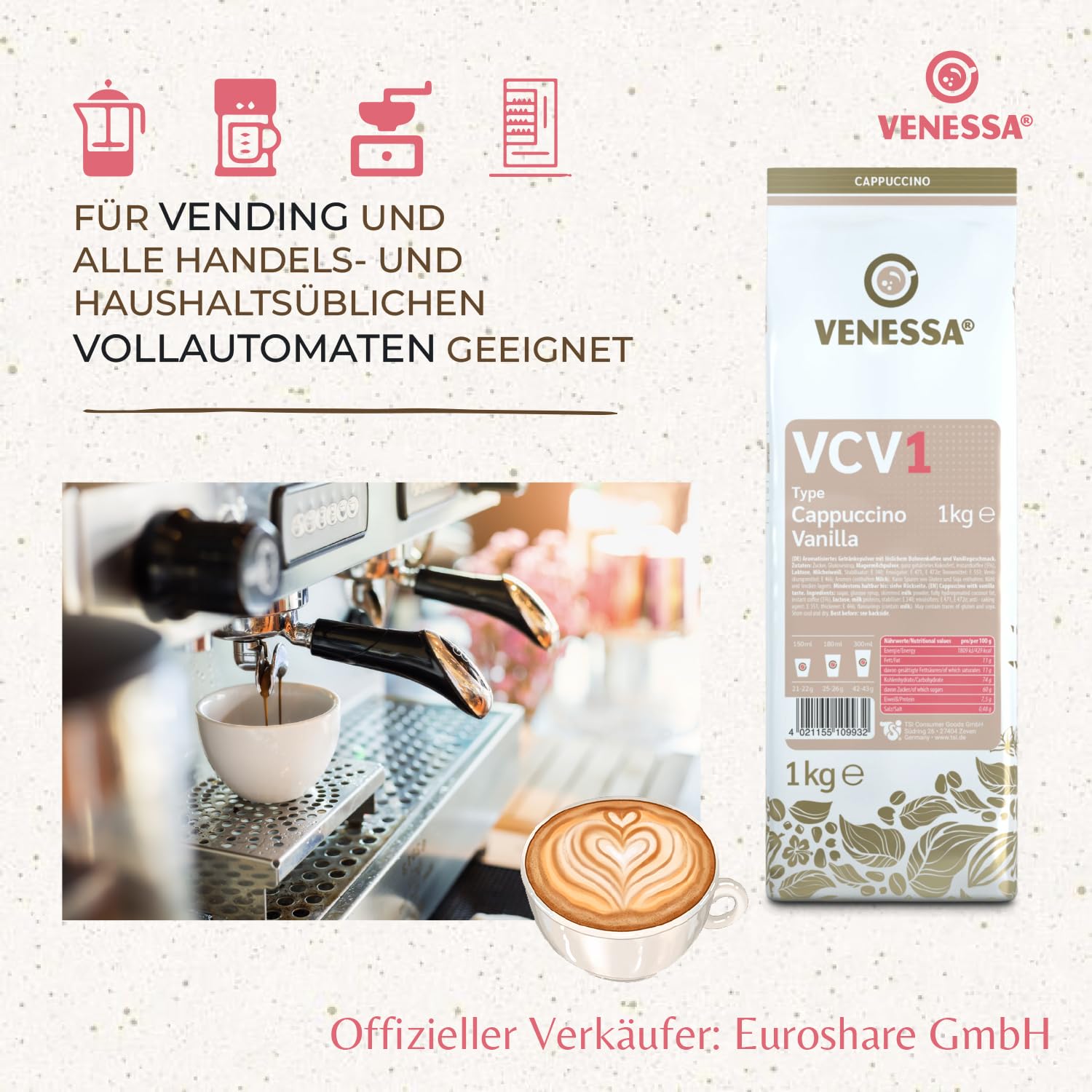 VENESSA VCV1 Cappuccino Vainilla 20 x 1 kg – Pack ahorro – Café instantáneo con sabor a vainilla – Cappuccino cremoso con fina vainilla – Apto para todas las cafeteras automáticas