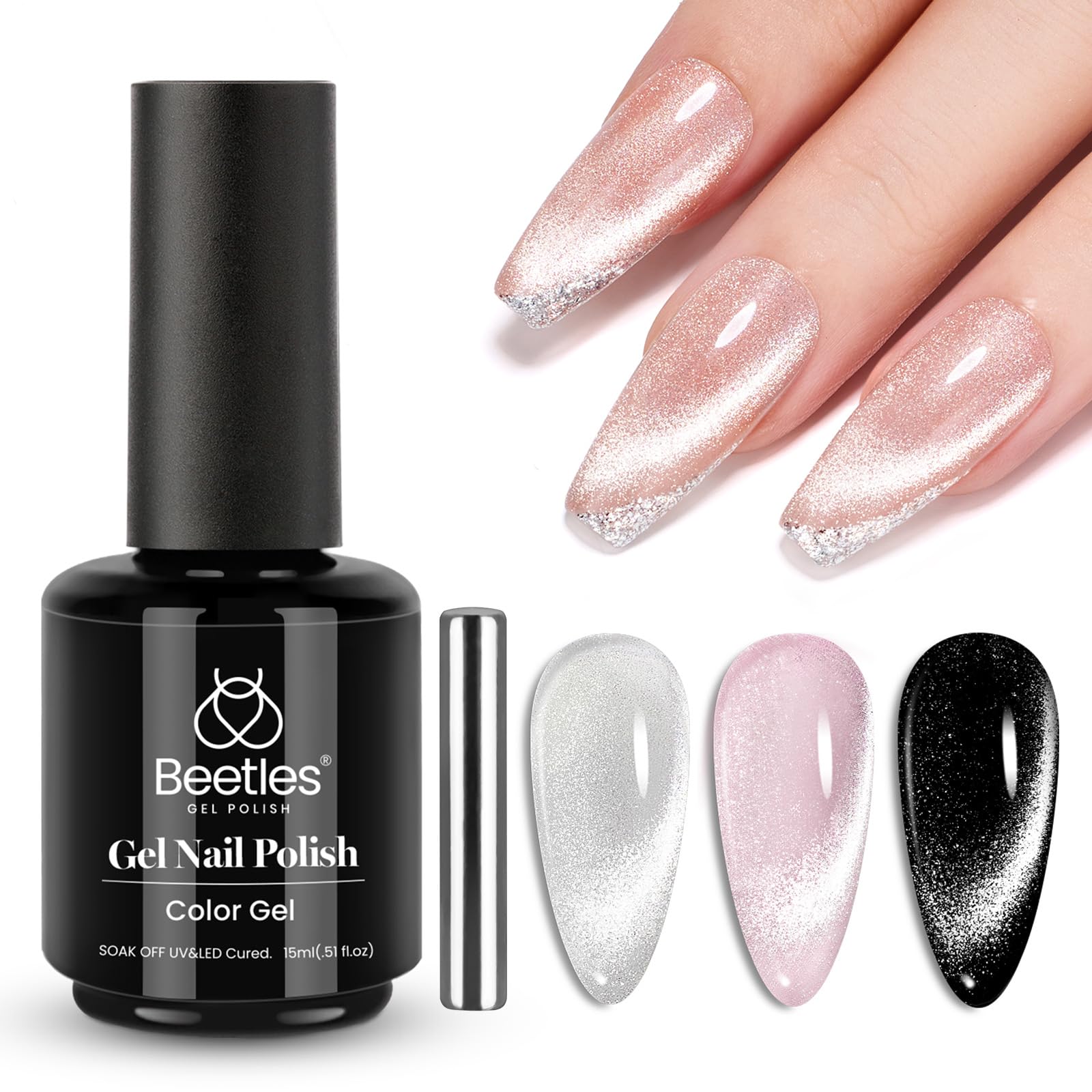 Beetles Galaxy Wish Silver Cat Eye Gel Nail Polish - 15ML Christmas Silver Glitter Cat Eye Gel Polish with Magnet Soak Off UV Velvet Nail Polish Salon DIY Manicure Winter Gift for Women