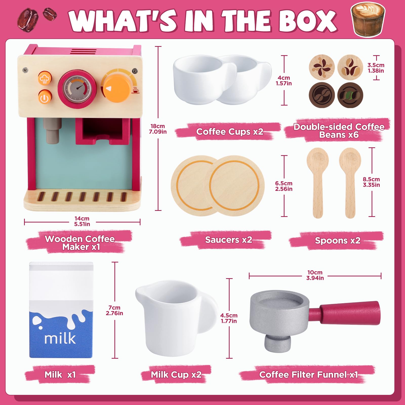 GAGAKU Macchina da caffè in legno per bambini dai 3 anni in poi con lattiera e accessori, giocattolo educativo, gioco di ruolo, regalo di compleanno per ragazzi e ragazze