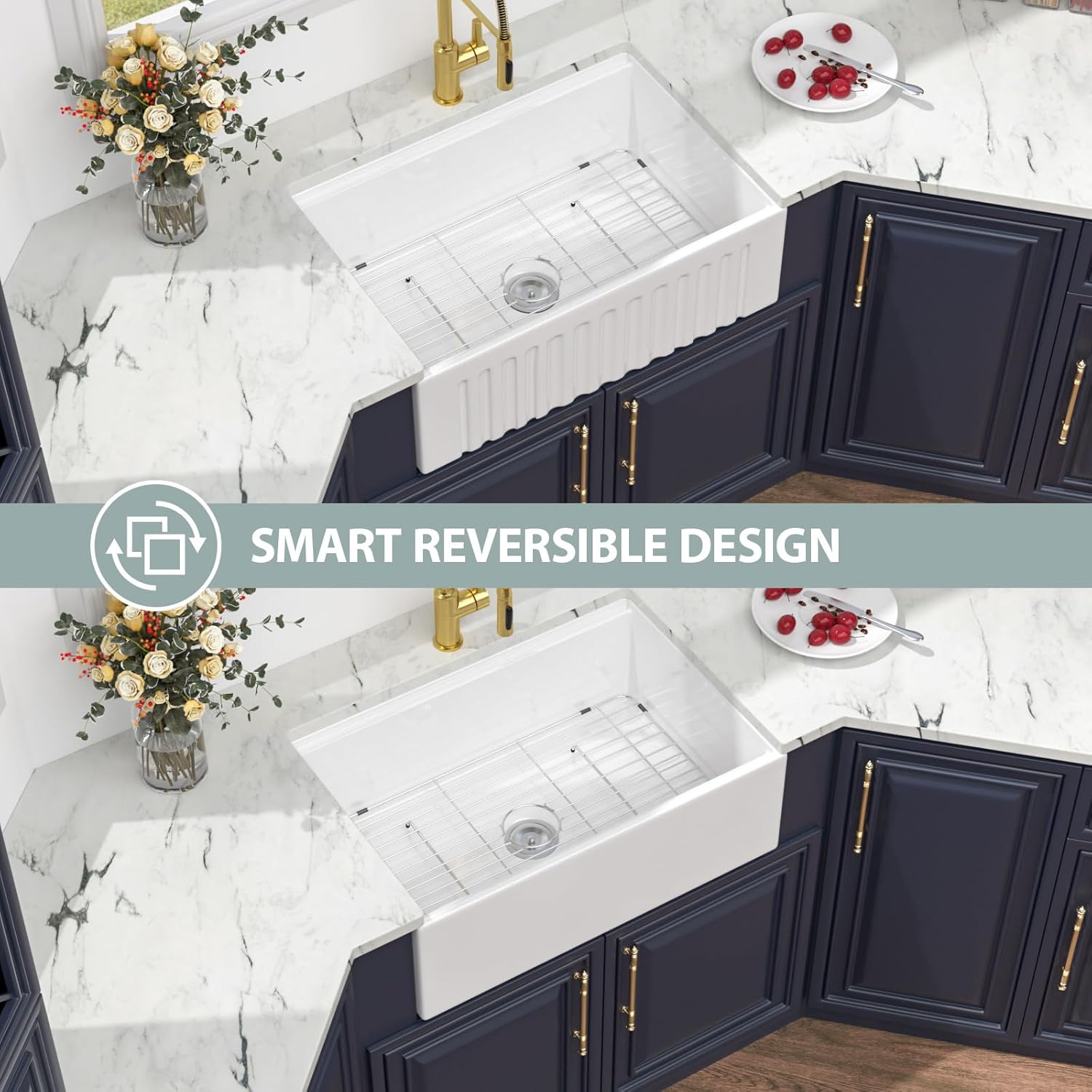 30 White Farmhouse Kitchen Sink - Kichae 30X20 Inch Ledge Workstation Reversible Apron Front Fireclay Ceramic Porcelain Farm Sinks Single Bowl Farmer Sink with Cutting Board