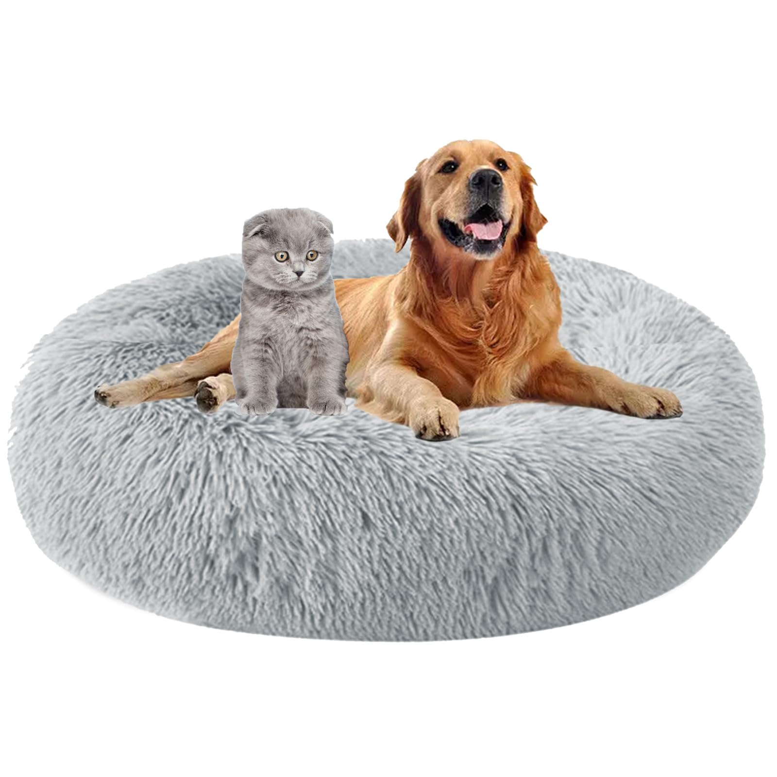 MAIFENGL Calming Dog Bed Plush Donut Pet Bed, Fluffy Washable Non-Slip Plush Cuddler Warming Round Dog Cat Bed- Gray|| Ø90cm/35in