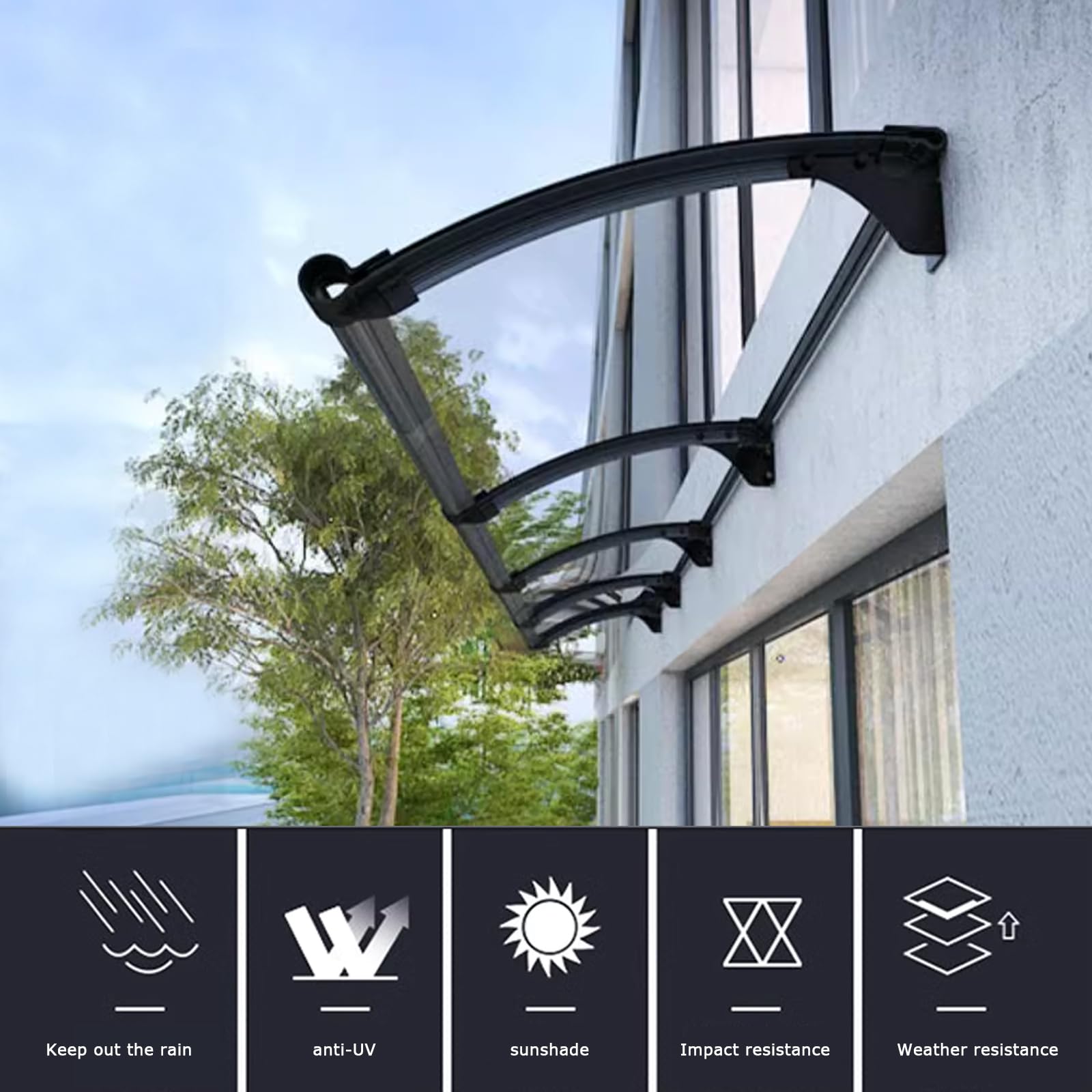 Raamluifel,Huisdeurluifel,65/80/100/120/150cm Breedte Voordeur Afdak van Polycarbonaat en Grijs Aluminium Frame,Uv -Bescherming Beschermend Dak,voor Deuren en Ramen (80x160cm/32x63