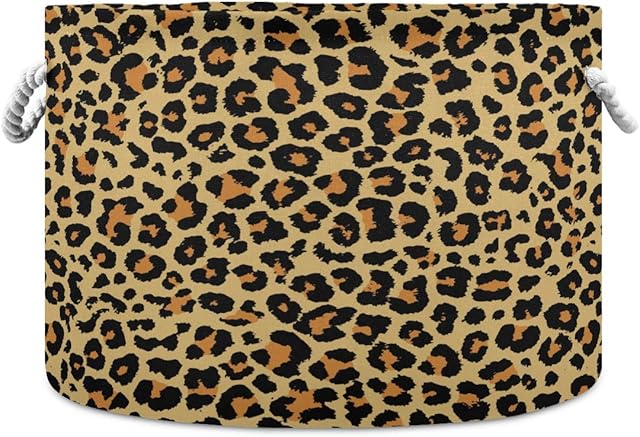 JUMBEAR Brown Leopard Print Storage Basket Toy Round Large Baskets Canvas Foldable Laundry Hamper Bin Waterproof Inner Layer with Sturdy Handles for Kids Toy Nursery Blanket Clothes