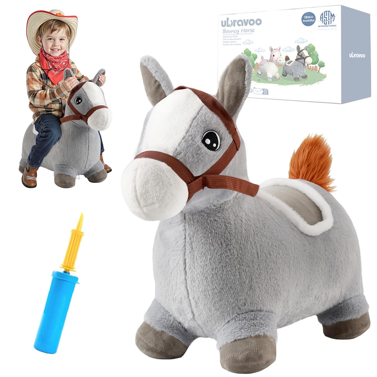 UBRAVOO Hüpf-Tier für Kinder Pferd, aufblasbares Plüschtier Hüpfspielzeug für Kleinkinder, Baby-Geburtstagsgeschenke für Babys im Alter von 18 Monaten bis 4 Jahren (Graues Pony)