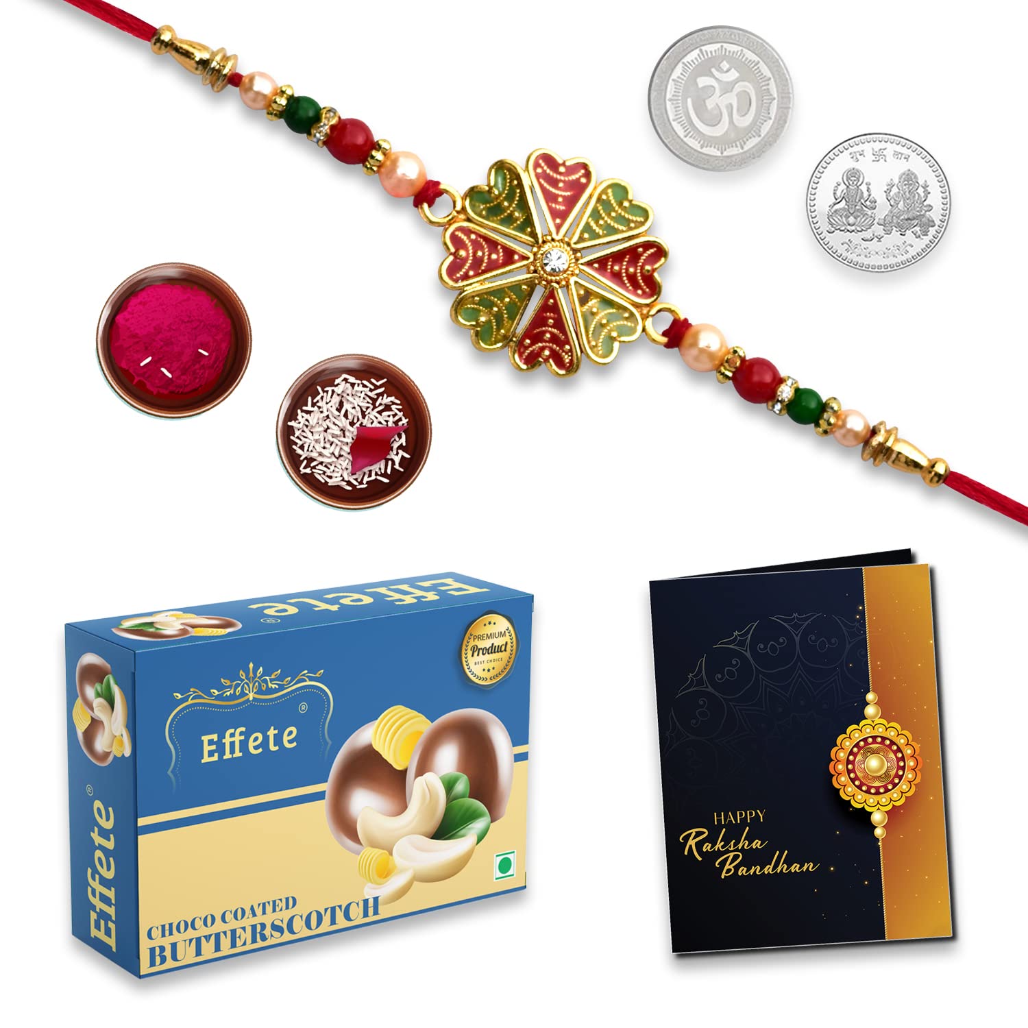 DeoDap Rakhi for Brother | Multicolor Peacock Rakhi / Bracelet | Effete Butterscotch Chocolate 32g | Silver Color Pooja Coin | Roli Chawal | Greeting Card | Rakhi with Chocolate | Rakhi Gift for Brother | Rakhi Chocolate Gift Combo | Raksha Bandhan Gift | Set of 1 Rakhi