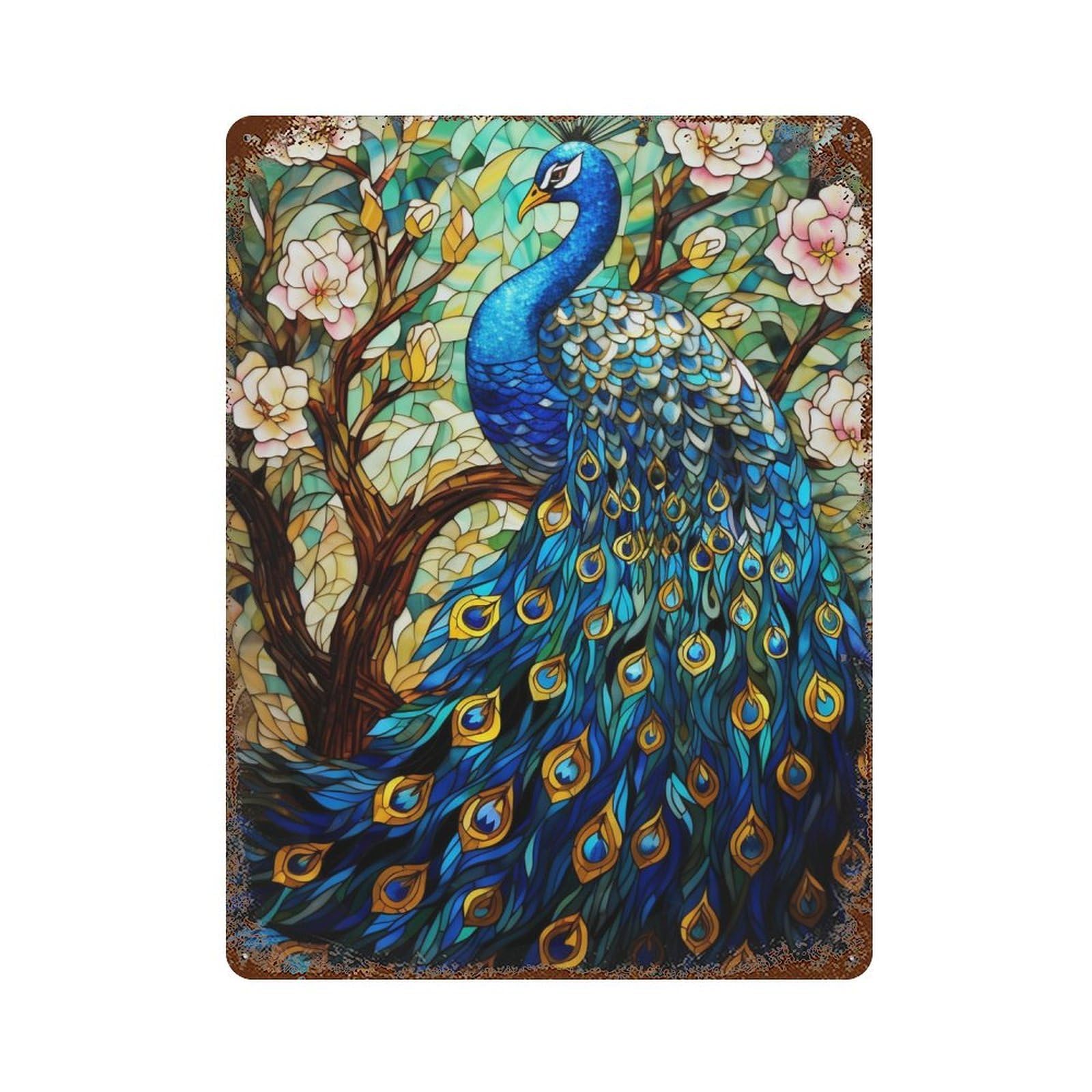 Stained Glass Peacock Artwork-7 Rusty Metal Tin Sign 15.7"x11.8", for Pub, Kitchen And Man Cave Decor, Novelty Wall Decor