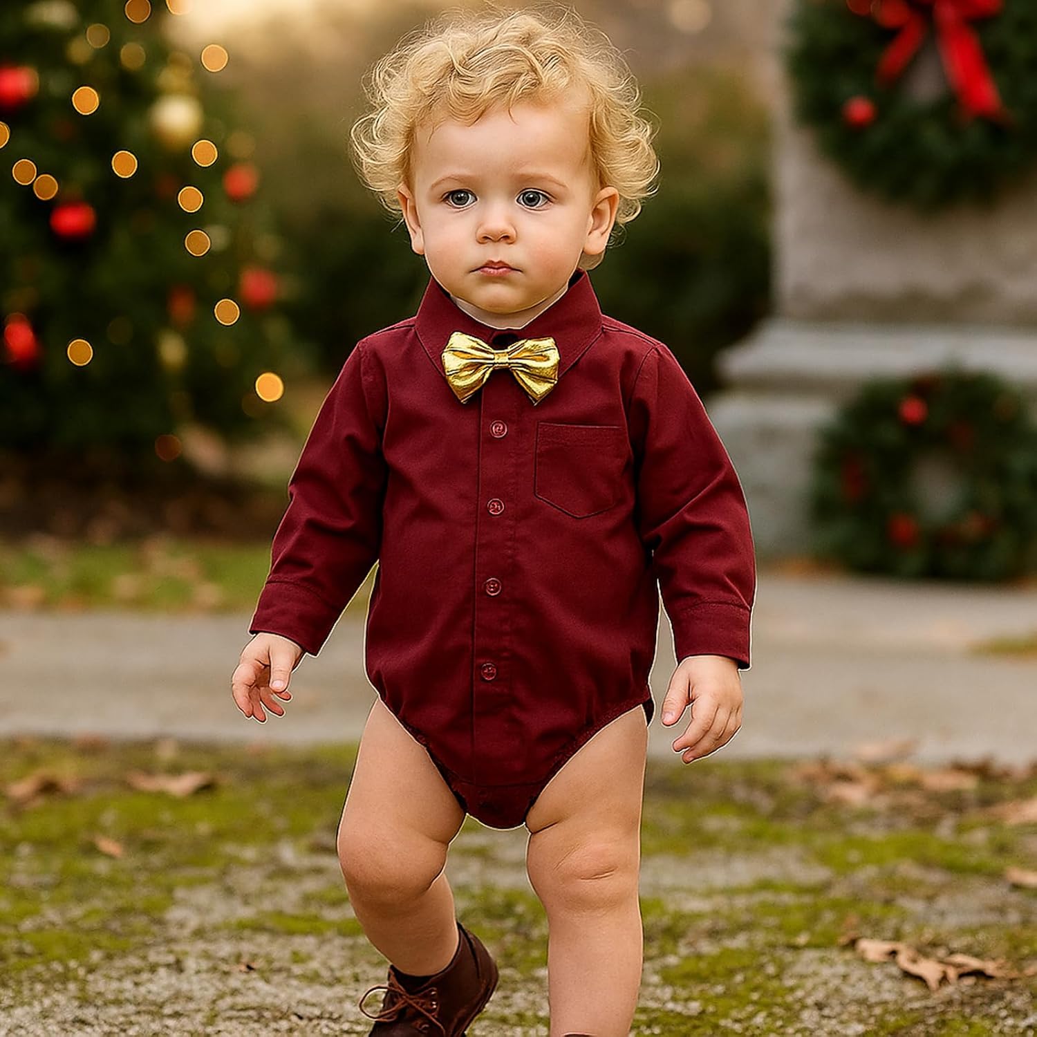 SOBOWO Infant Baby Boy Formal Dress Shirt Bodysuit Long Sleeve Button Up One-Piece Collar Romper Jumpsuit Wedding Party 0-24M - Image 2