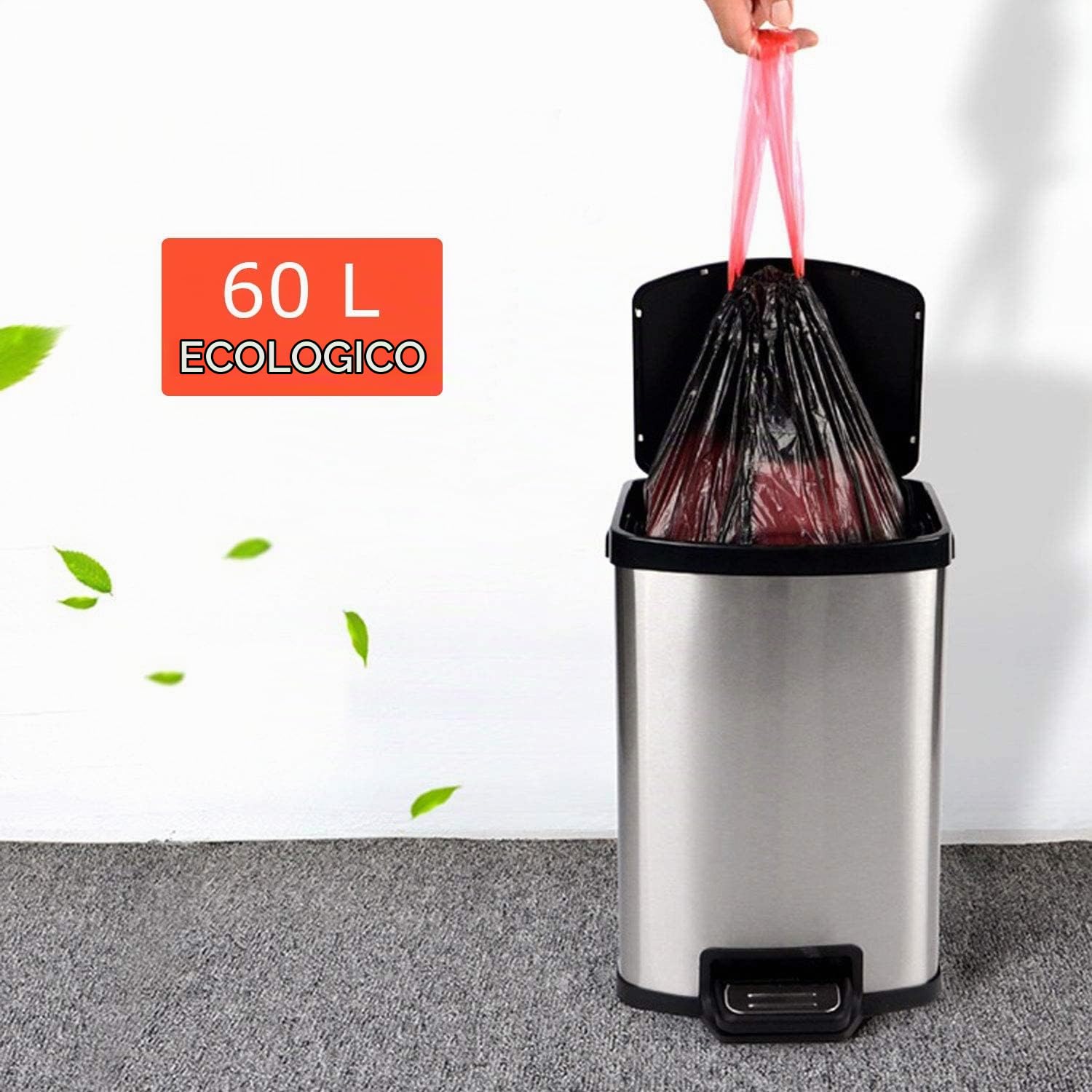 ASelected 200 Sacchi Spazzatura 60 litri 10 Pezzi con Laccetti Nero | Formato grande con maniglie, nero resistente, chiusura a scorrimento per cucina e ufficio quotidiano