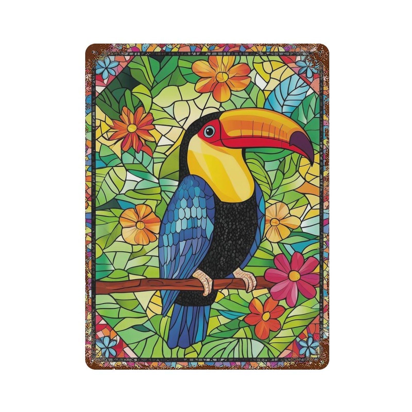 Toucan in Tropical Garden 15.7"x11.8" Aged Metal Wall Plaque, Novelty Wall Decor for Garage, Bar And Workshop Decor