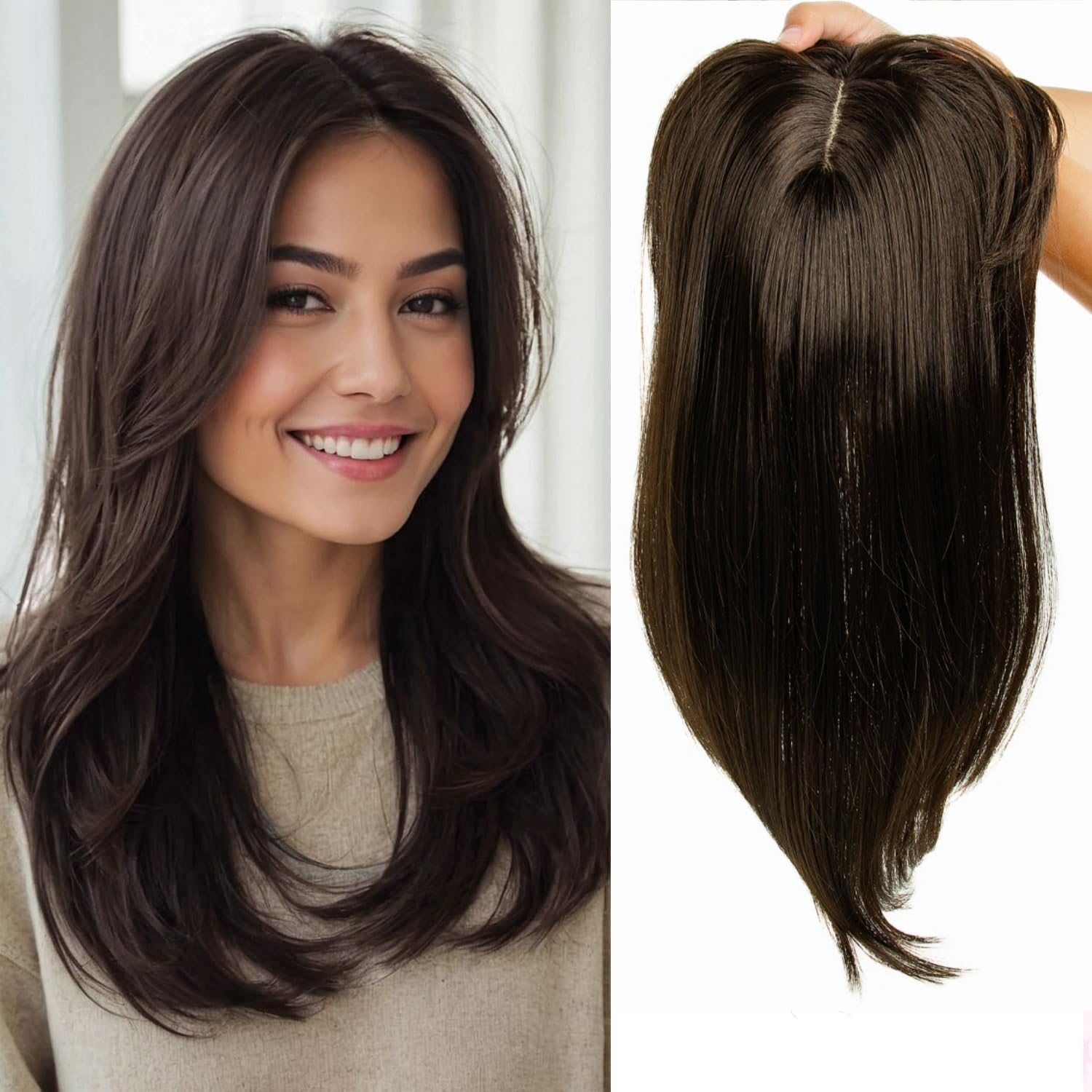 H&Bwig toupee for Women, Long Toppers Hairpiece Clip in Hair Extensions for Covering White Loss Hair Toupee(Brown)