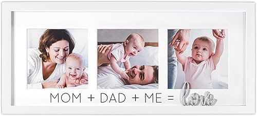 Malden International Designs 3569-344 - Marco de pared para fotos de 4 x 4 pulgadas, 3 aperturas, color blanco mate con texto en inglés "Mom Dad Me