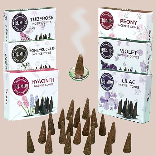 Miniatura 7 de Trumiri Conos de incienso Blossom  Paquete variado  Total 60 conos de incienso (6 aromas x 10 conos)  Peonía, lila, violeta, madreselva, jacinto,