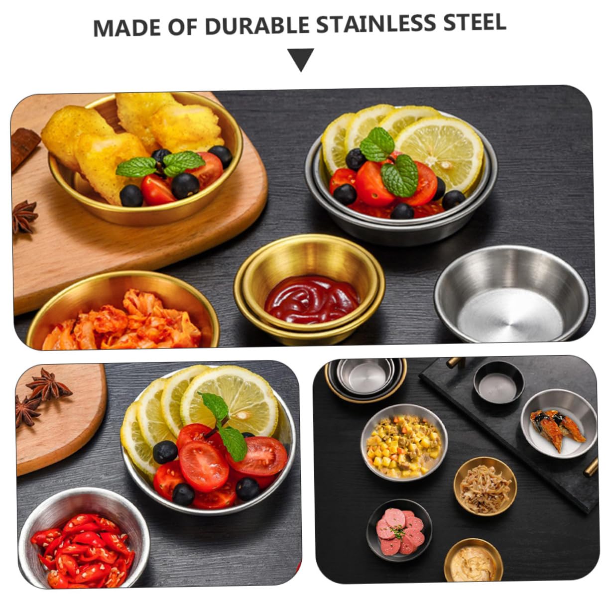 Cabilock 4-piece Stainless Steel Seasoning Plates Wide Sauce Dishes for Dipping Mustard Soy Sauce Condiments for Family Restaurant