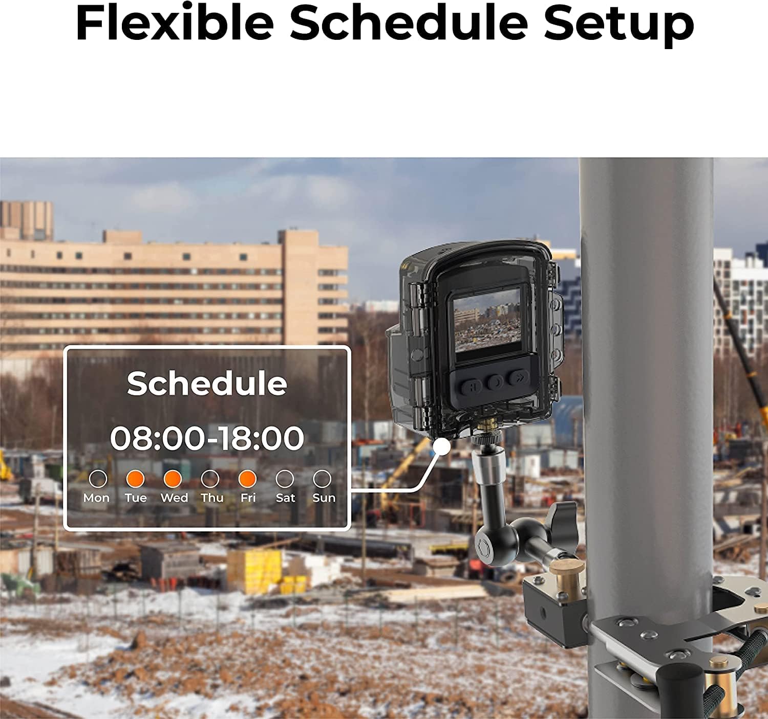 Brinno TLC2020 camera showing flexible schedule setup on screen