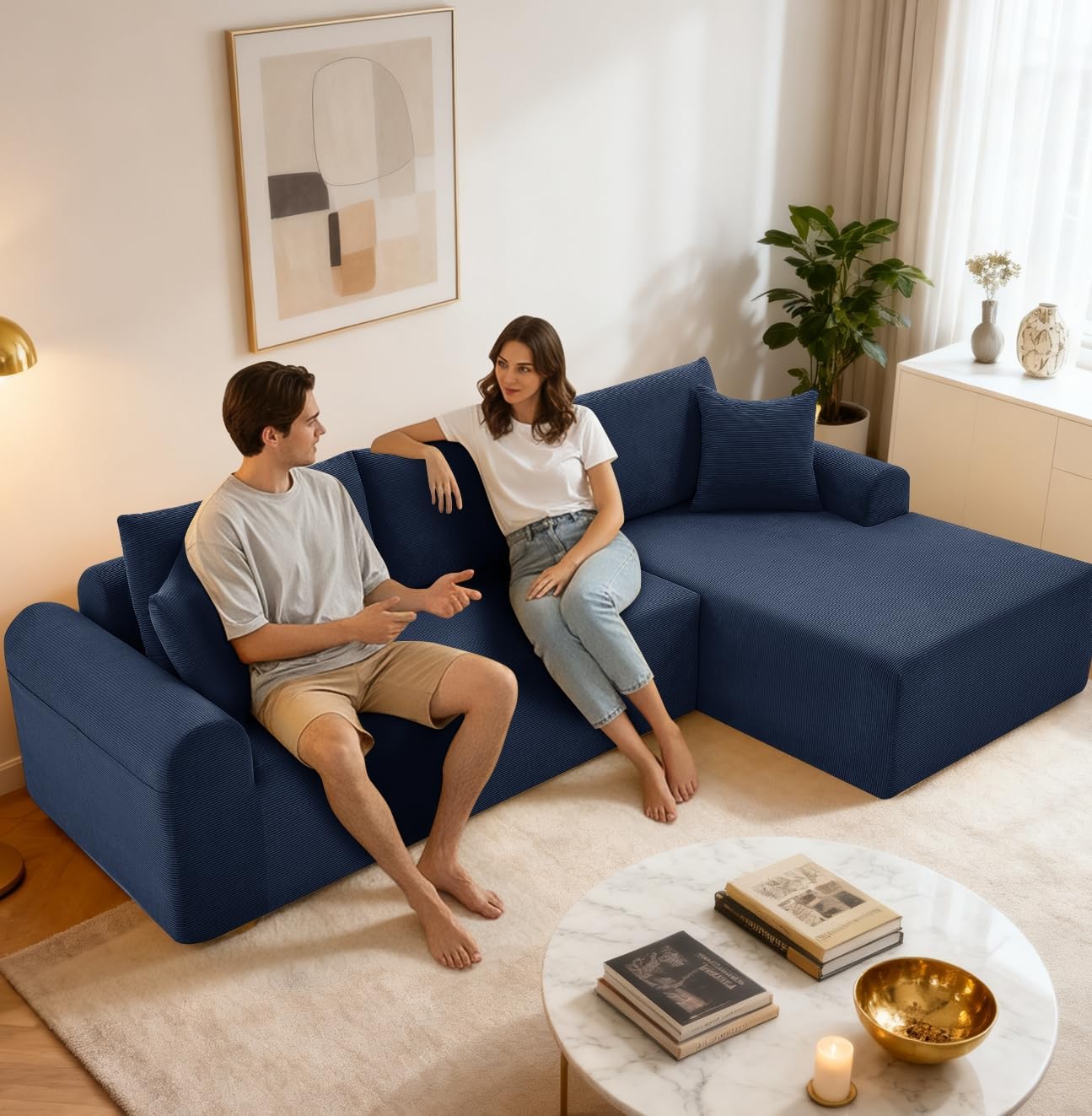 Modular Sectional Sofa with Chaise, Cloud Sectional Couch with Deep Seat, Modular L-Shape Sofa Corduroy Boneless Couch for Living Room,Bedroom,No Assembly Required(Navy Blue, Right Facing Chaise)