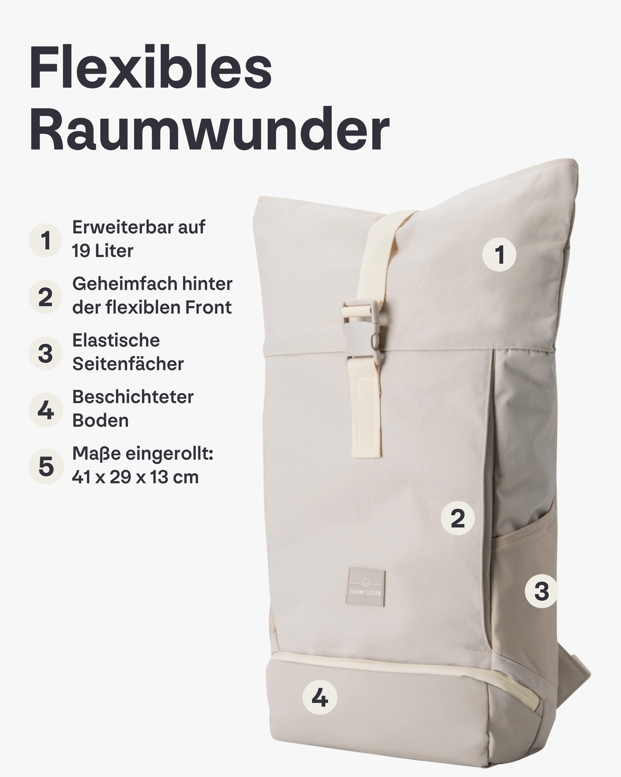 Johnny Urban Allen Medium Rolltop Rucksack 15L Wasserabweisend Beige Damen Herren