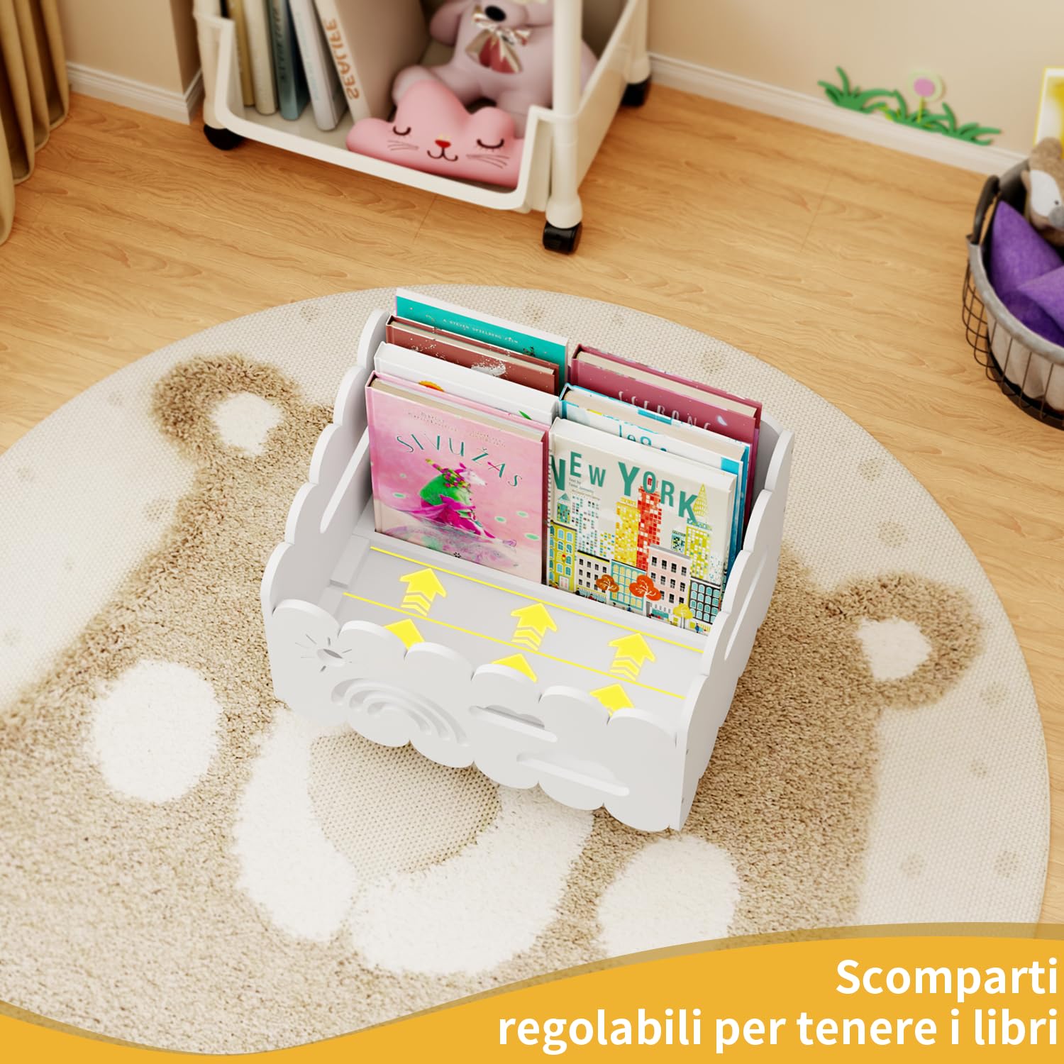 Libreria Montessoriana per Bambini Legno, Porta Libri Contenitore Giochi da Terra, per Cameretta Bambini e Stanza dei Giochi, Scatola Porta Oggetti, Espositore Libri