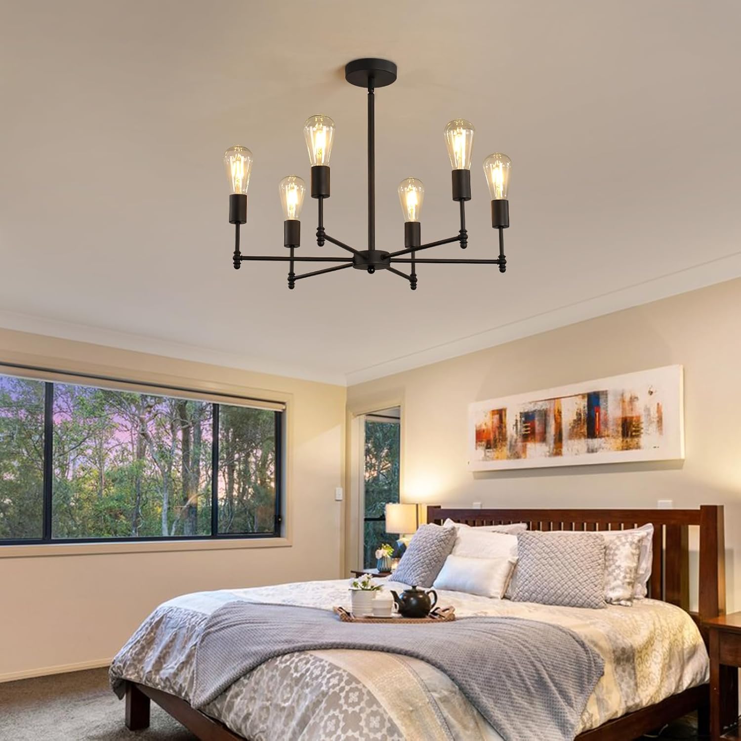 6-Light Black Chandelier,Modern Farmhouse Chandelier for Dining Room Light Fixtures Hanging for Bedroom, Kitchen,Foyer,Laundry,Staircase, and Entryway.E26 Base