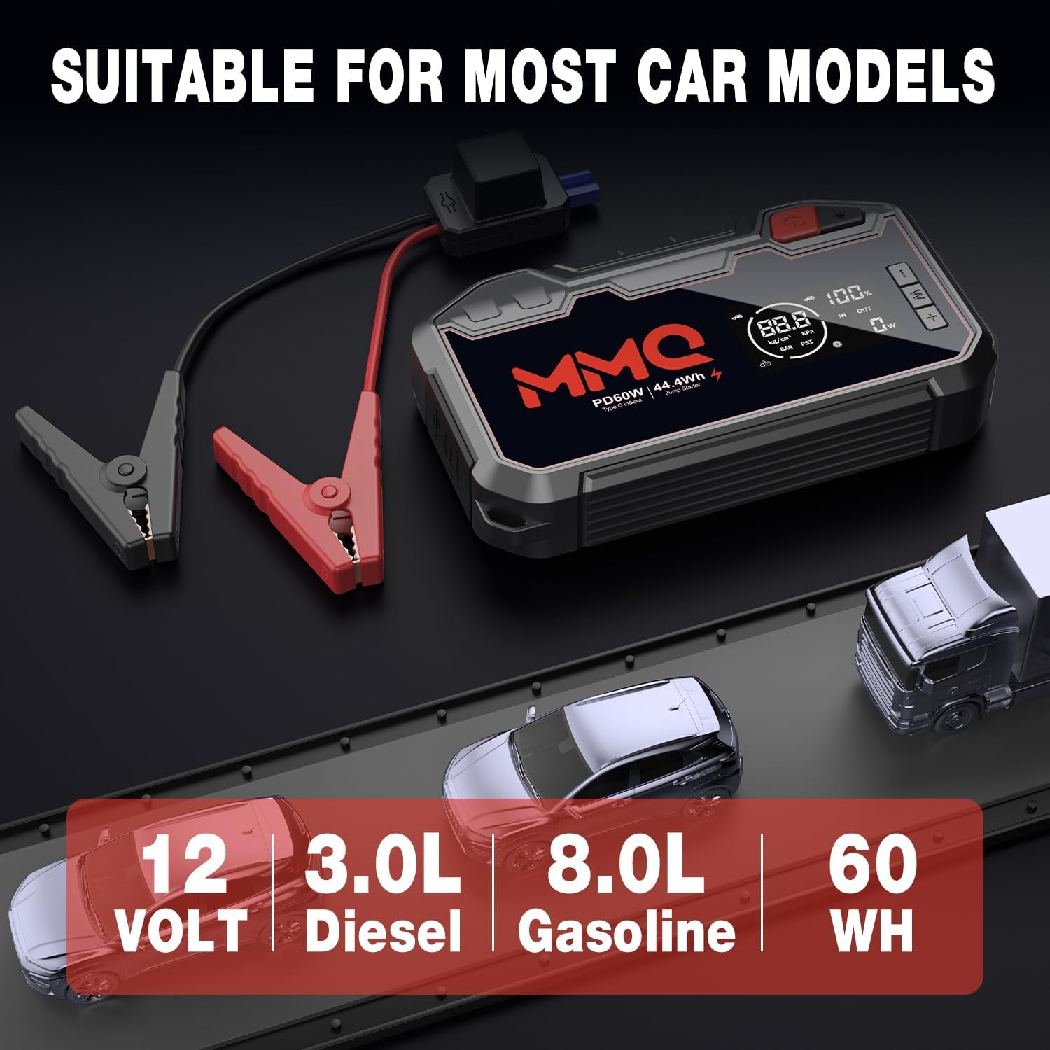4-in-1 Multifunctional Jump Starter - 12000mAh Car Battery Charger, Power Bank, Air Compressor, LED Light - 2400A Peak Current (Without EV Zipper Bag)