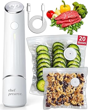 Chef Preserve Compact Vacuum Sealer for Food (Vacuum Sealer Machine + 20 Reusable Vacuum Bags) Powerful Handheld Vacuum Seale