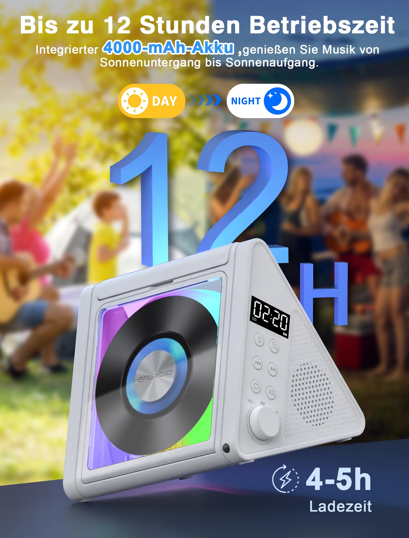 Greadio CD Player Tragbar, 4000mAh Wiederaufladbarer FM Radio mit Stereoanlage und Bluetooth 5.3, USB, AUX, Fernbedienung, 2 * 10W-HiFi-Sound-Lautsprecher, RGB-Farbige Lichter MP3 CD Player Kinder
