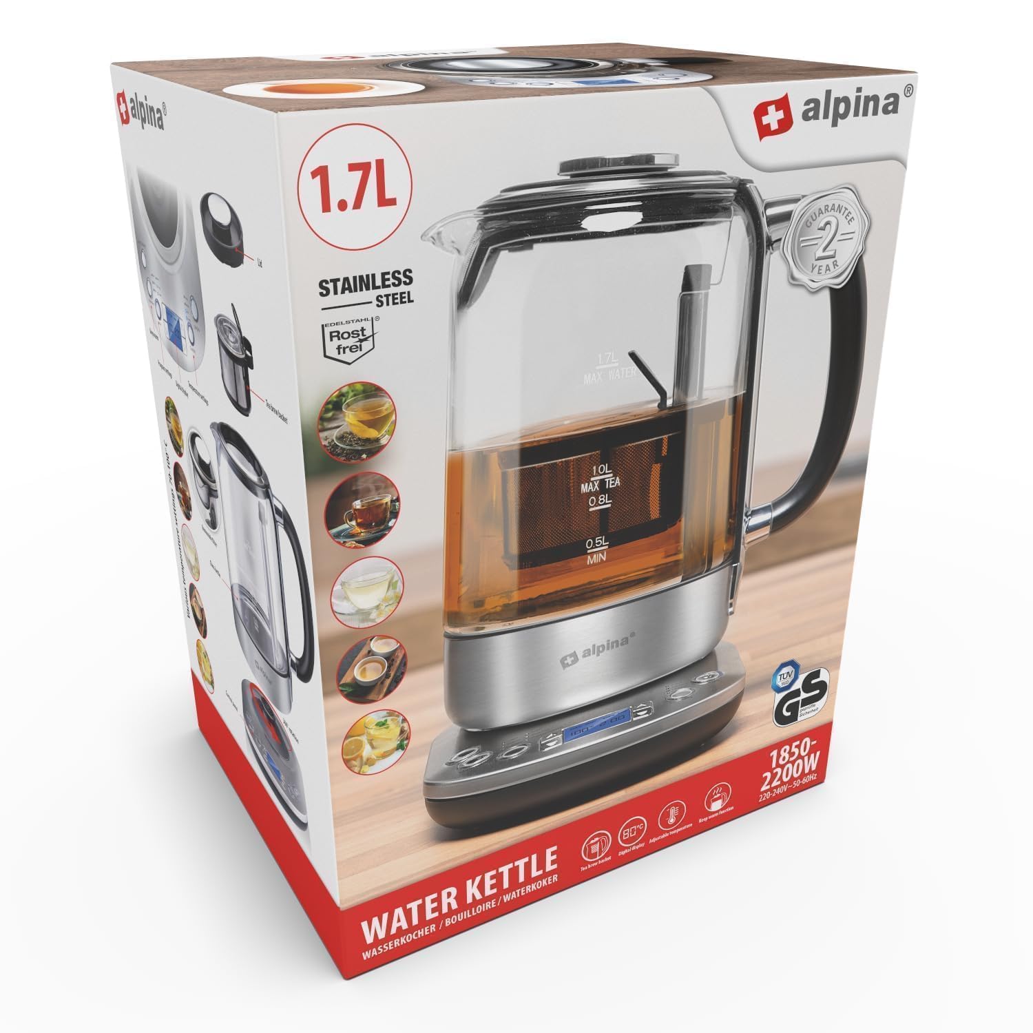 EMERIO WK-122730 Theekoker RVS, Zwart, Glas