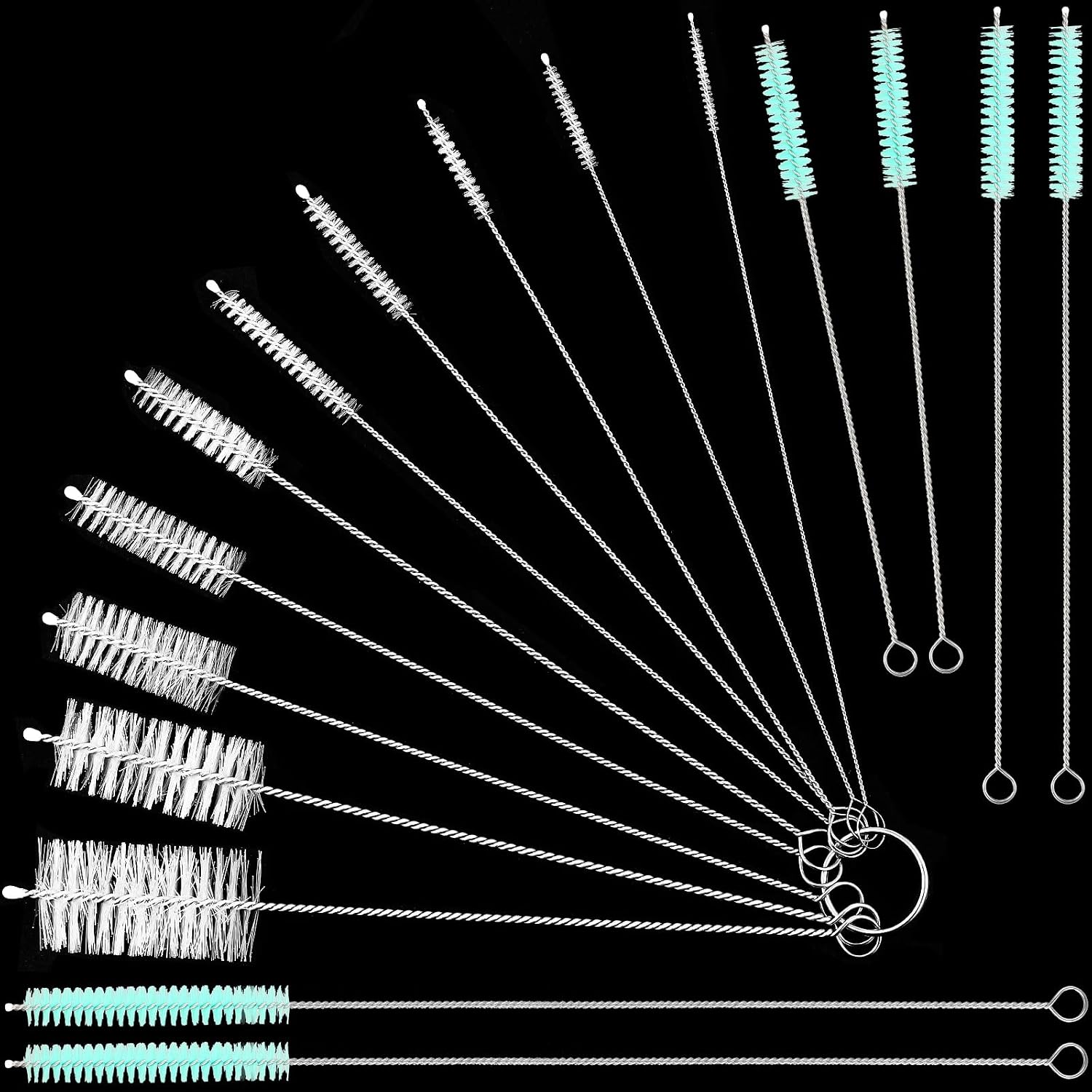 16 Pcs Reusable Straw Cleaning Brushes Bottle Test Tube Long Straw Cleaning Brush Nylon Washing Cleaner Tool Reusable Bottle Straw Brush in Different Size (White and Sky Blue,16 Pieces)