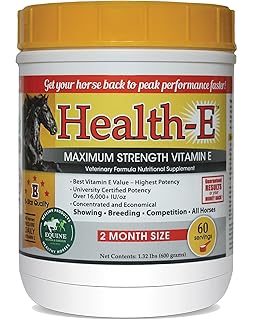 Health-E Vitamin E Supplement for Horses, High-Potency dl-Alpha Tocopherol Powder, Supports Immune Muscle Skin and Nerve Wellness, Low Sugar Starch and Fructans (60 Servings)