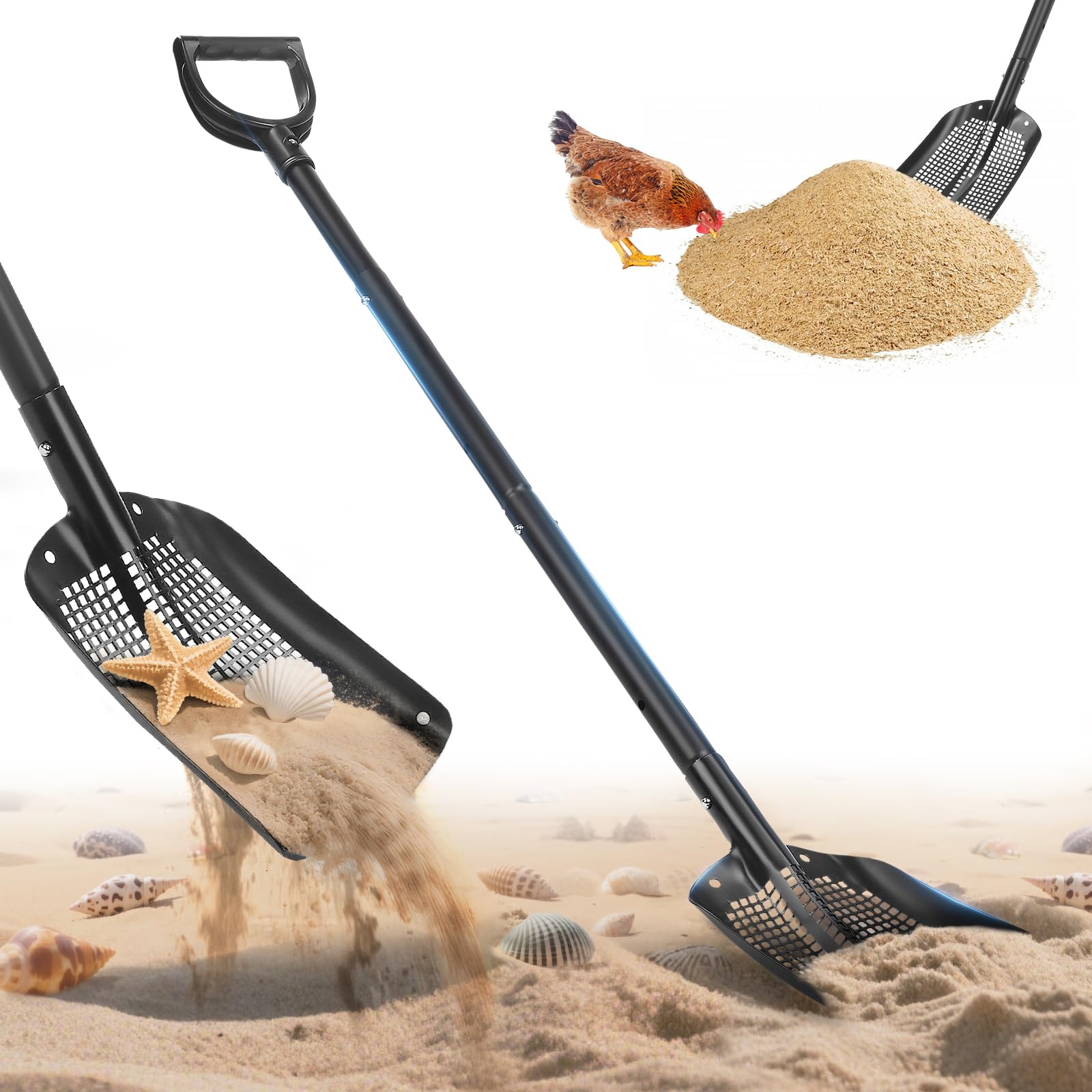 Siebschaufel, 53,5 cm lang, robust, Metall-Sandsieb, Hühnerstallschaufel für Sand, Strandschatzsuche, Siebschaufel mit Löchern, geeignet für Strand, Hühnerstall, Gartenarbeit usw.
