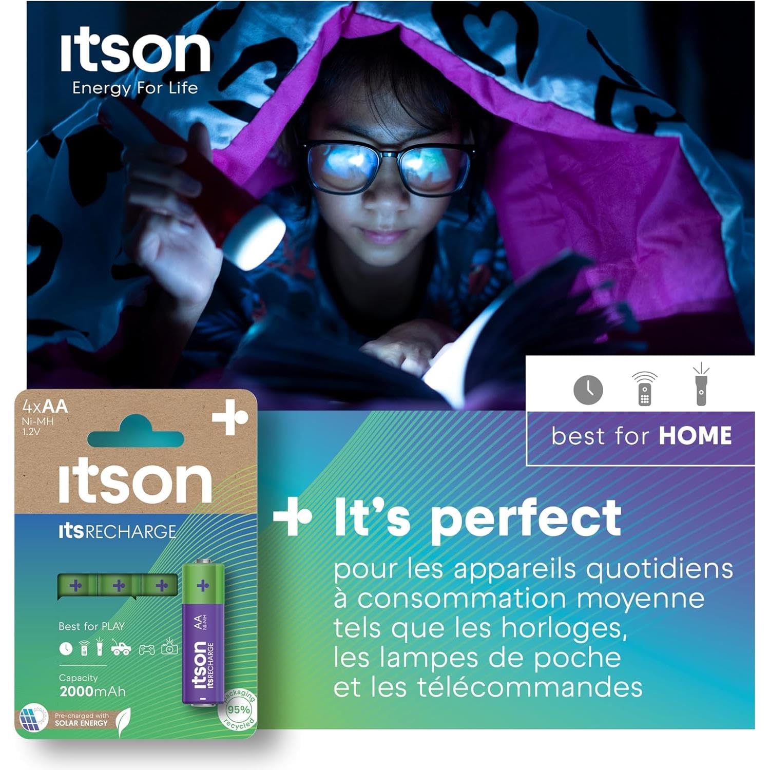 ITSON Lot de 3 x 4 Piles Rechargeables AA prêtes à l'emploi Pro NiMH, 2000 mAh. Idéales pour télécommandes, Torches, horloges