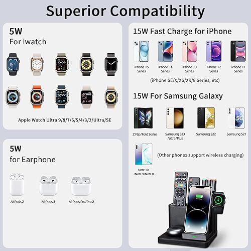 Miniatura 3 de Estación de carga inalámbrica 4 en 1 con organizador de escritorio, organizador de oficina de cuero con soporte de cargador inalámbrico para