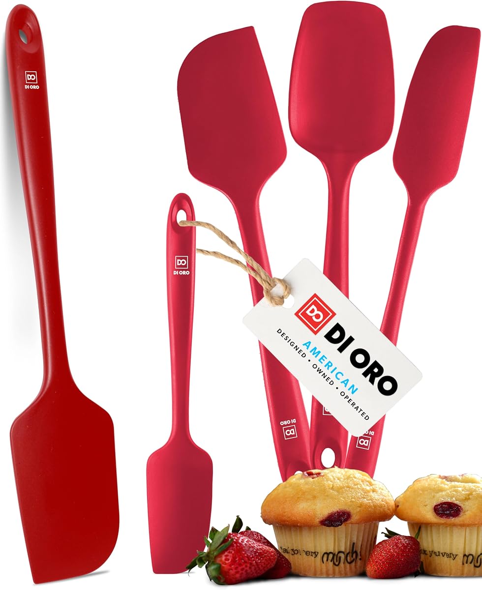 Juego de espátulas de silicona DI ORO - Resistente al calor 600F, 5 piezas rojo | El raspador de goma no raya las sartenes antiadherentes; Para hornear, cocinar, mezclar y glasear; Sin BPA y apto para lavavajillas