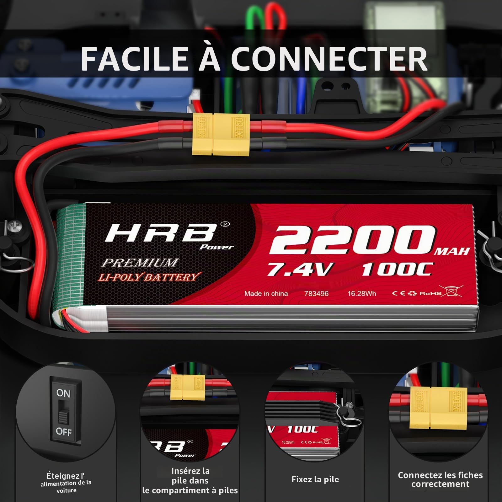 HRB 2pc 2200mAh 7.4V 2S 100C LiPo Battery Pack with XT60 Plug Compatible with Rc Traxxas 1/16 E-Revo VXL Summit Slash Losi 1/14 Mini 8ight and Rc Cars