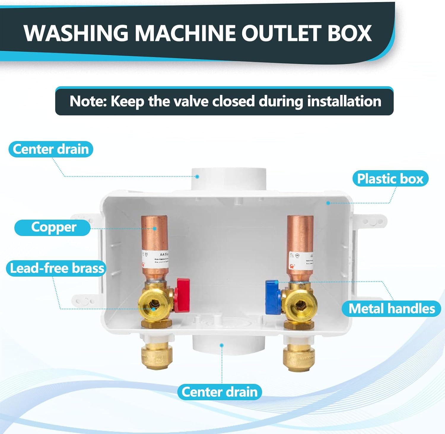 Washing Machine Outlet Box, Center Drain, 1/2 Inch Push-Fit Inlet x 3/4 Inch MHT Outlet Connection, Laundry Washer Valve Outlet Box, with Copper Water Hammer Arrestor