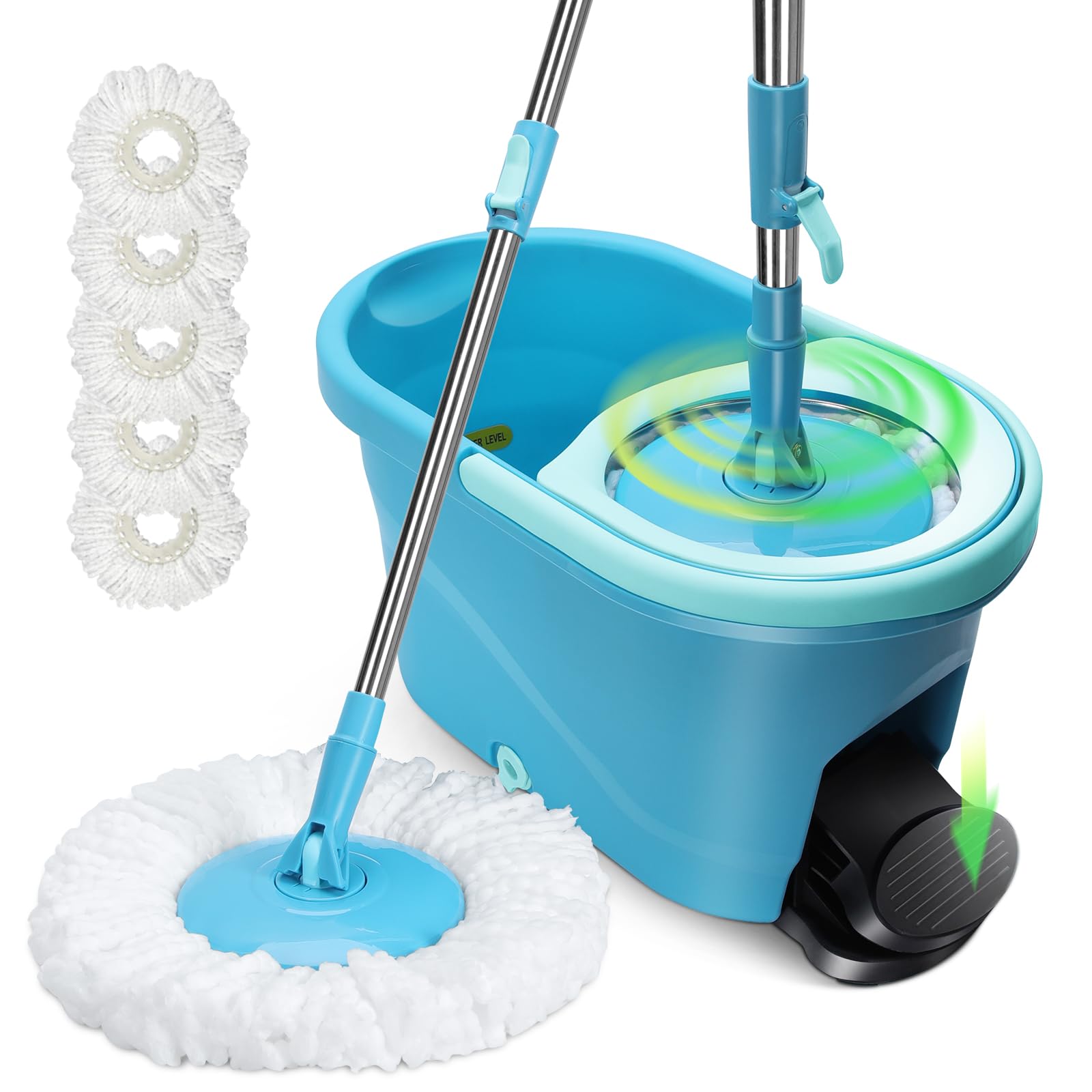 Seau Essoreur, Masthome Balai à Frange et Seau à Pédale, Seau Serpillere avec Tête de Mop Rotative à 360, Balai avec 5 Serpillères Réutilisables en Microfibre, pour Nettoyage Sols