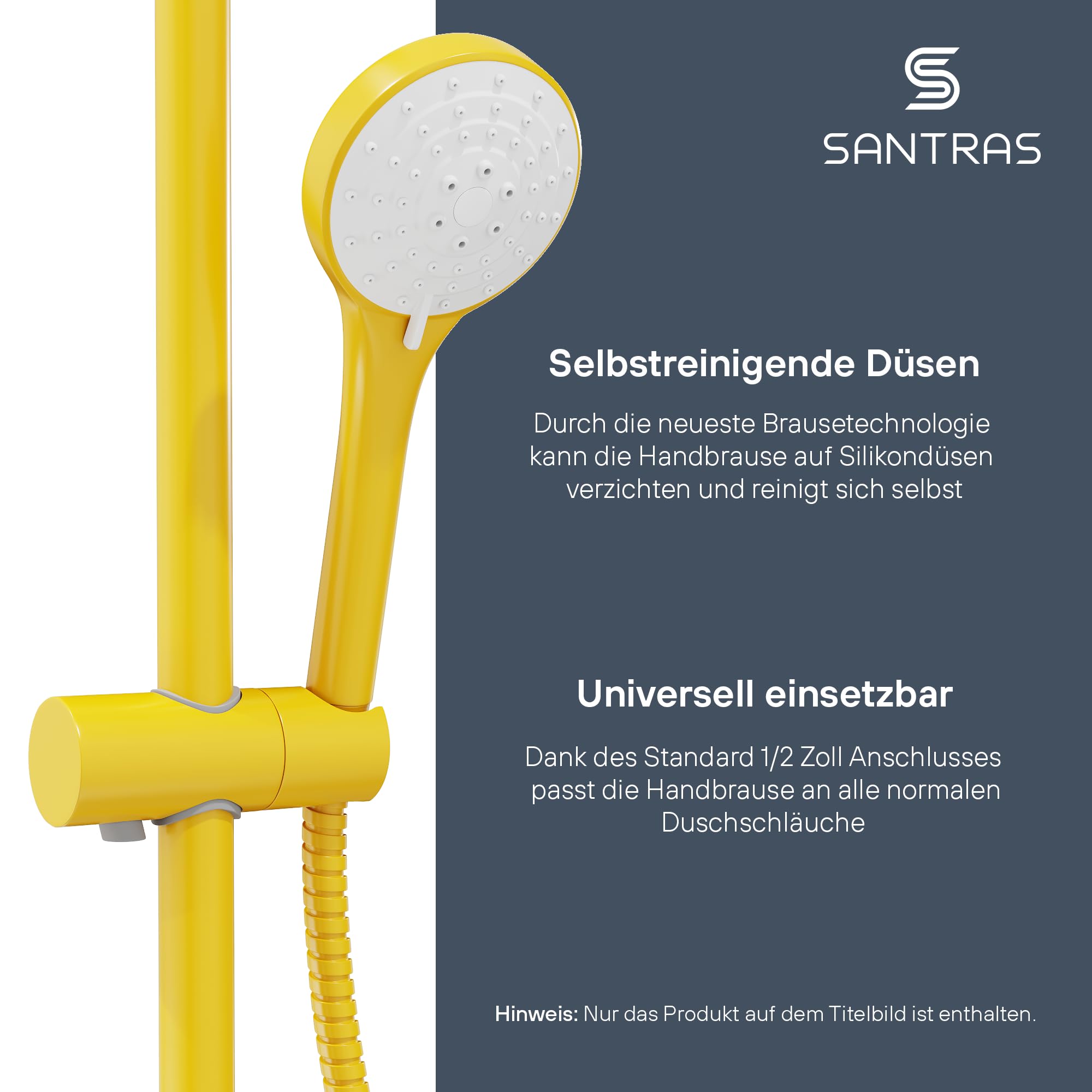 SANTRAS® Alcachofa de Ducha Amarillo (RAL 1004) 3 Funciones – cabezal ducha con ahorro de agua y limitador de caudal | ducha de mano universal para baño y bañera