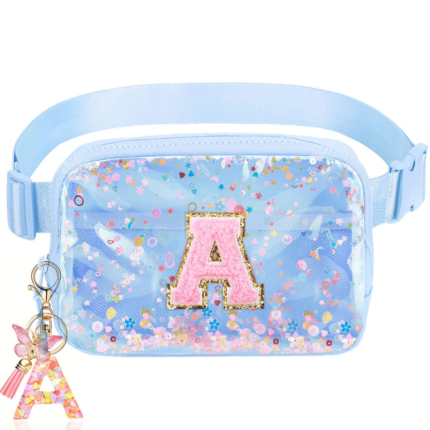 Initial Fanny Pack for Girls - Belt Bag for Teens Kid Teen Girl Kid Birthday Gift Blue Clear A