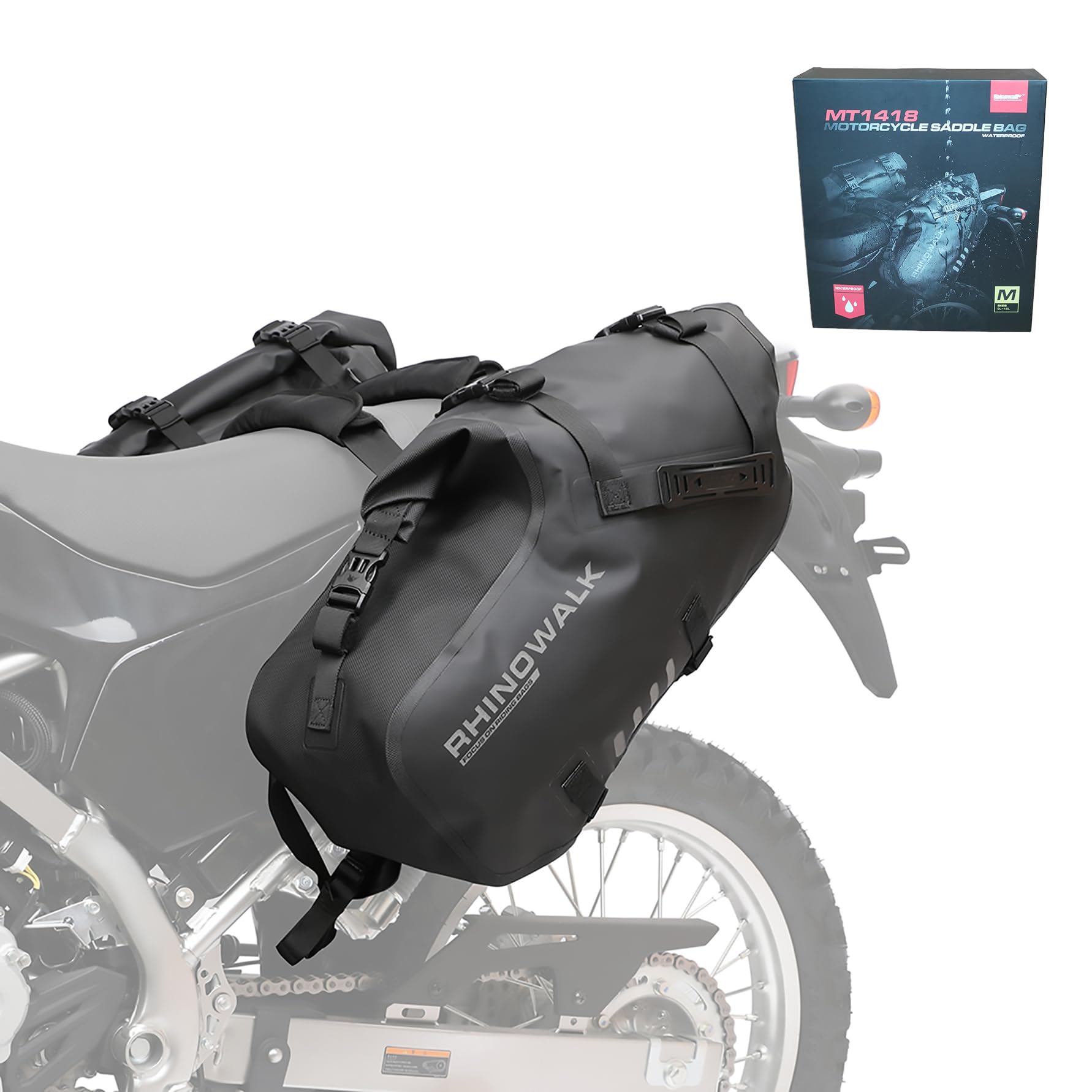 Rhinowalk Alforja impermeable para sillín de motocicleta, bolsa trasera PVC, cierre enrollable, 18 L