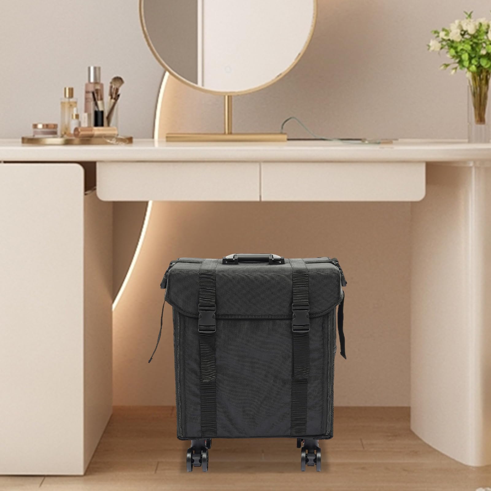 Valise cosmétique 4 en 1 à roulettes professionnelle avec roulettes - Idéale pour les voyages, les coiffeurs, idée cadeau - 38 x 29 x 42 cm - Noir