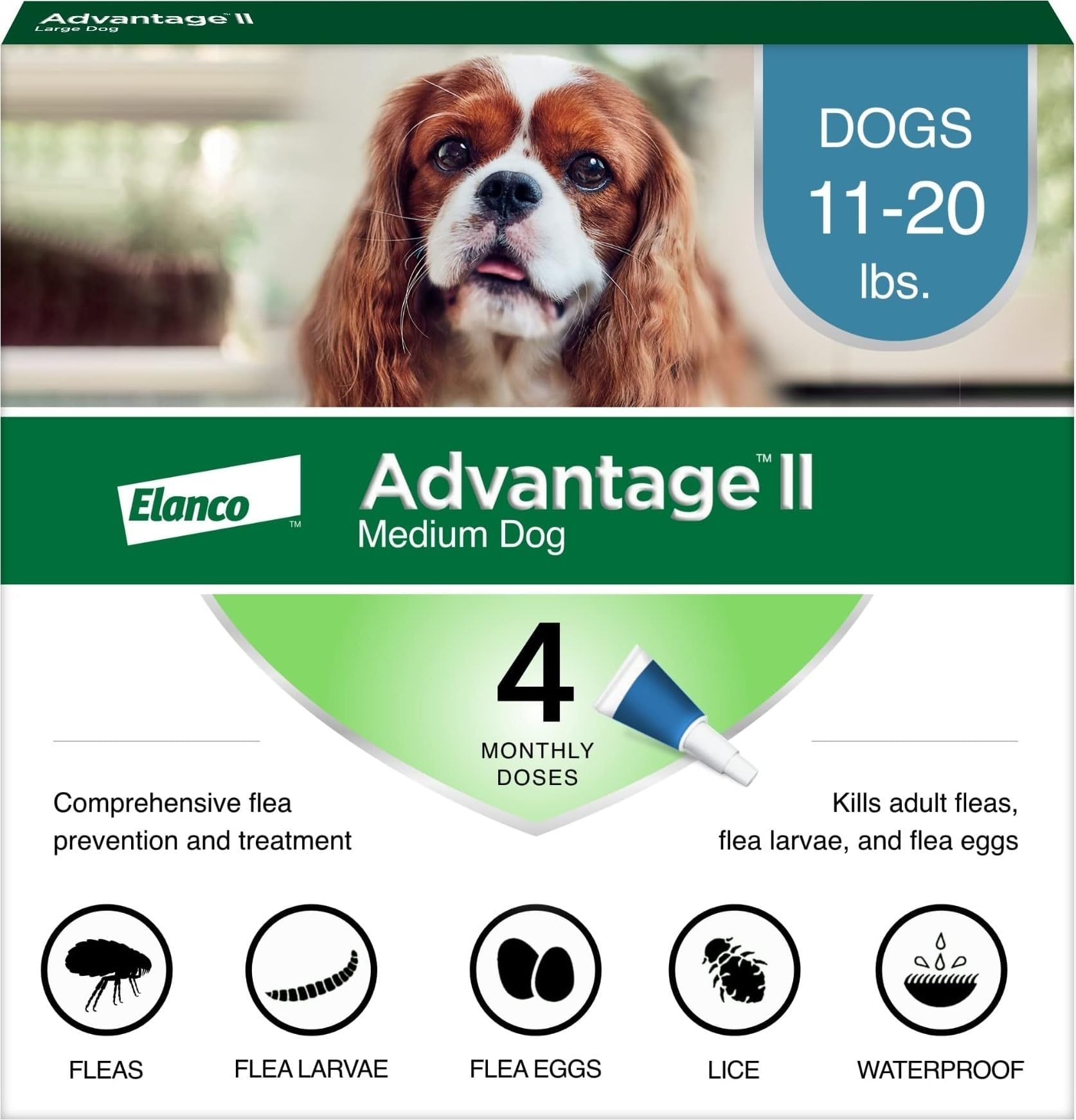 Advantage II Medium Dog Vet-Recommended Flea Treatment & Prevention | Dogs 11-20 lbs. | 4-Month Supply