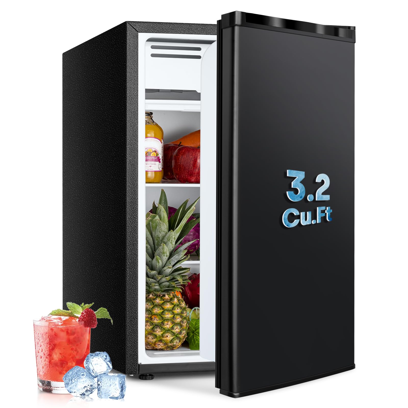 3.2 Cu.Ft Mini Fridge with Freezer, Single Door Small Refrigerator with 7 Adjustable Thermostat, Energy Saving, Low Noise, Dorm Fridge for Office, Bedroom, Apartment