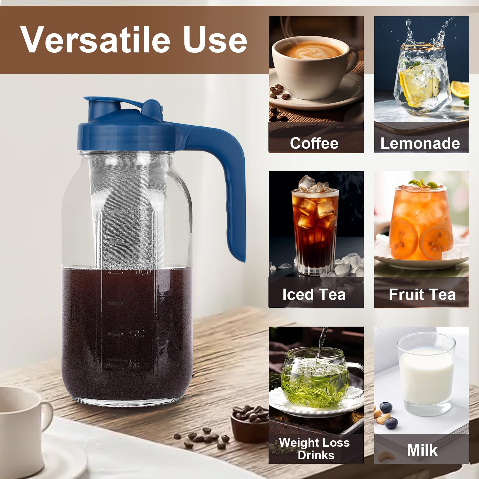 Brocca per caffè freddo, 907,2 g, in vetro resistente, con coperchio con beccuccio, filtro in acciaio inox per caffè freddo, tè, bevande alla frutta, limonata, blu