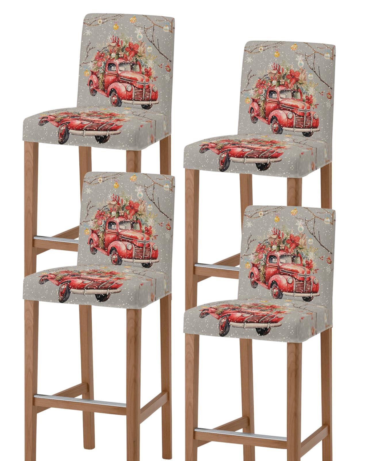 PIEPLE Xmas Red Truck Bar Stool Cover Set of 4, Stretch Removable Bar Stool Chair Covers with Backs Pub Counter Stool Chair Slipcover for Dining Room Cafe Christmas Balls Tree Branch Floral