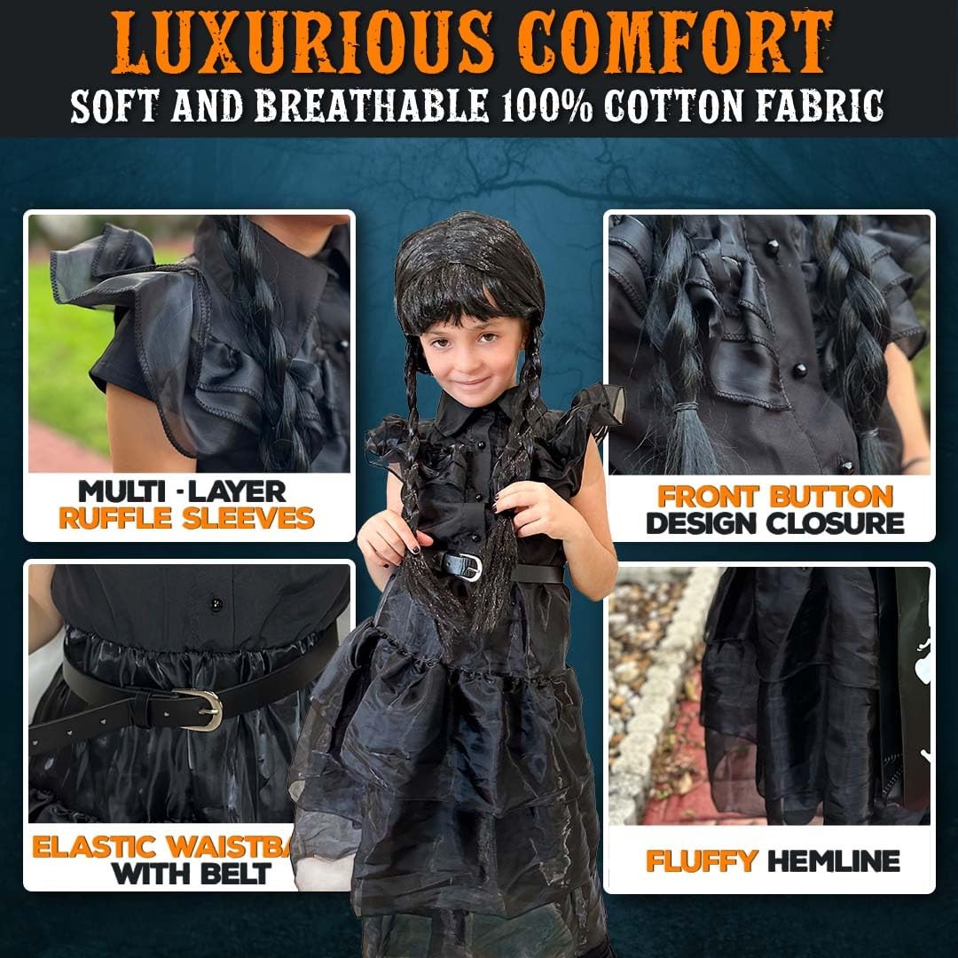 SpookyFit Halloween Dress - Complete Costume Set for Girls | Halloween | Black Dress, Wig, Gloves, Thing, Adjustable Bag, Belt & Headband | 5-6T, 35 ½” Inches Length, Up To 22”